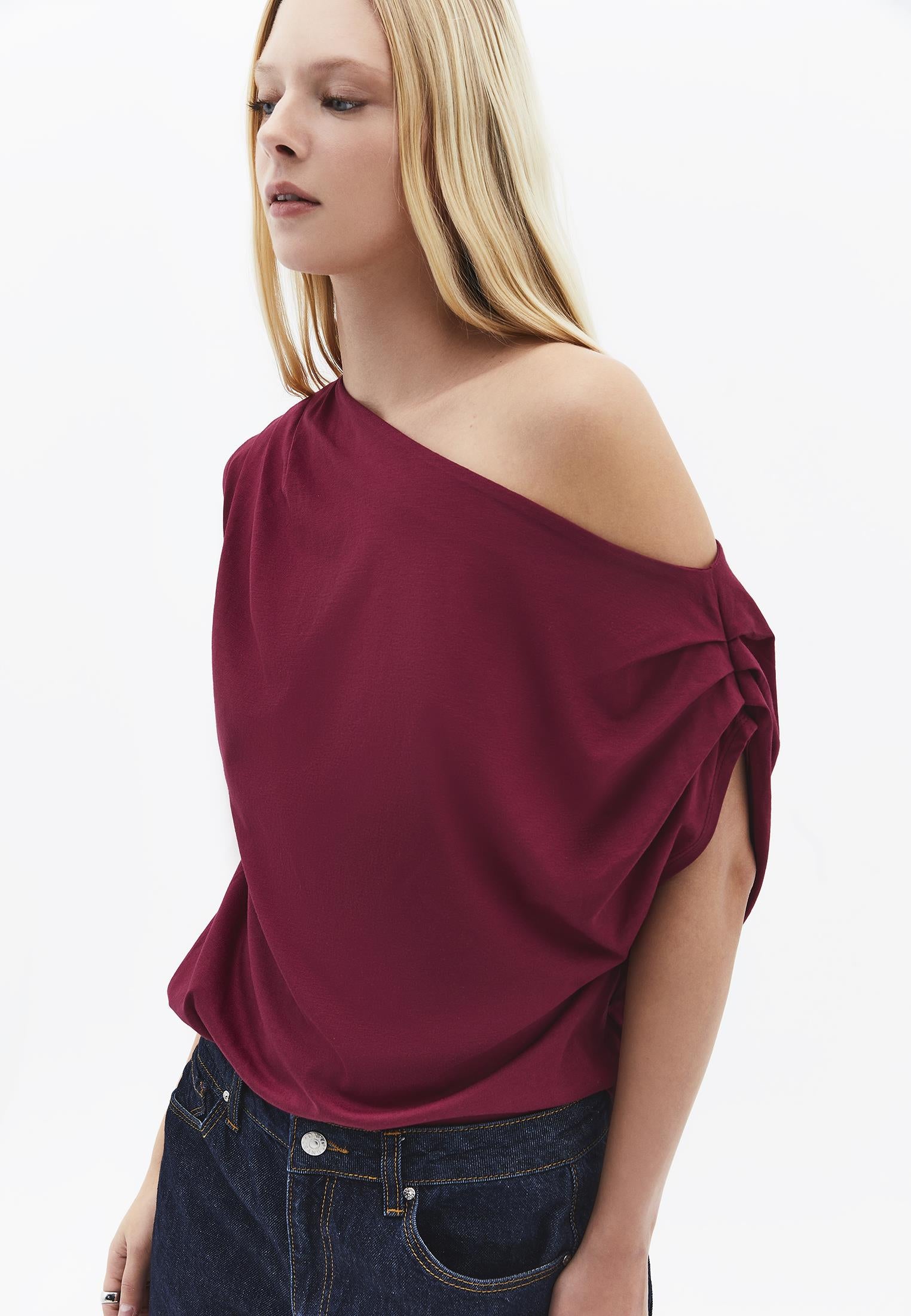 Pleated Asymmetric T-Shirt - RUMBA RED