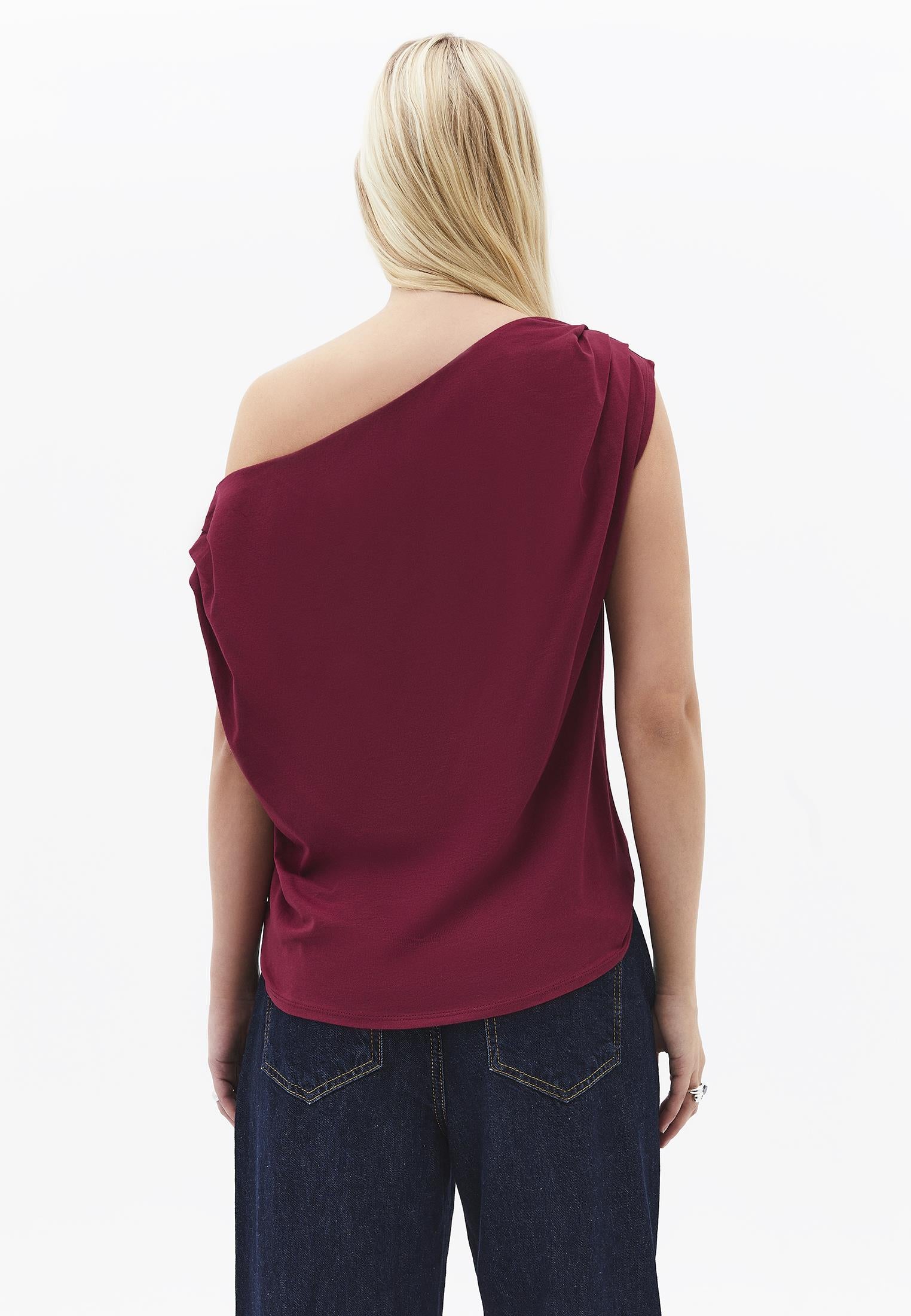 Pleated Asymmetric T-Shirt - RUMBA RED