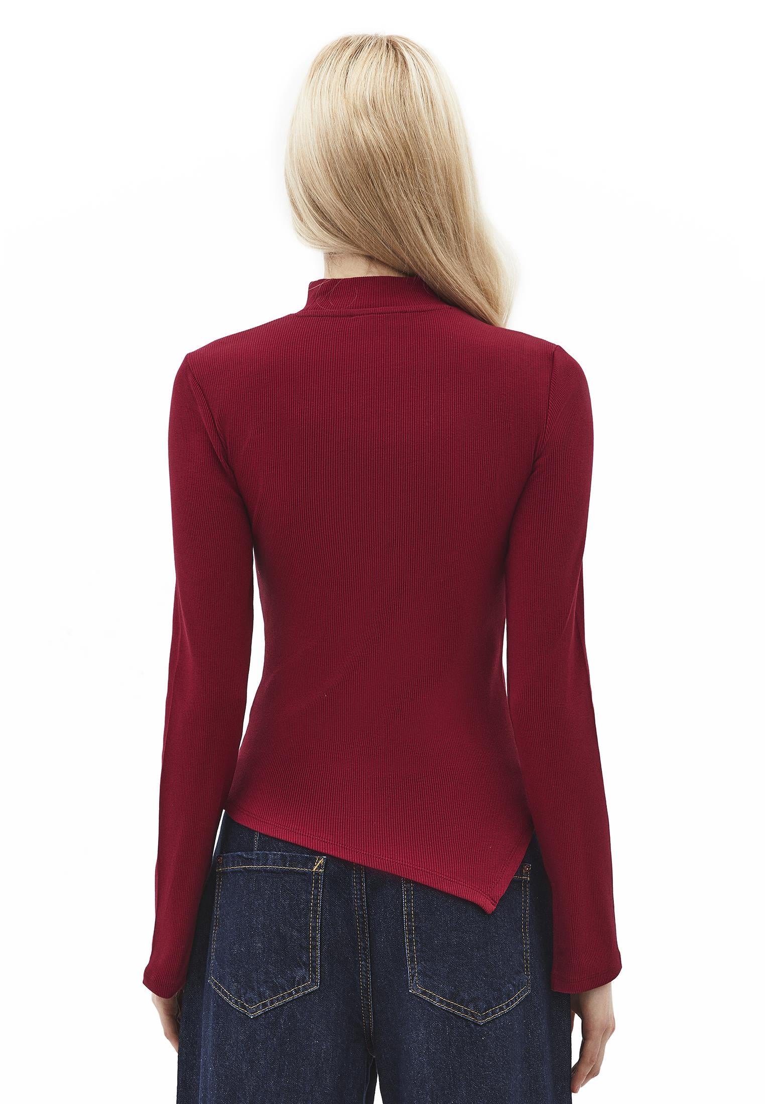 High Neck Cut Out Detail Bodycon T-Shirt - RUMBA RED
