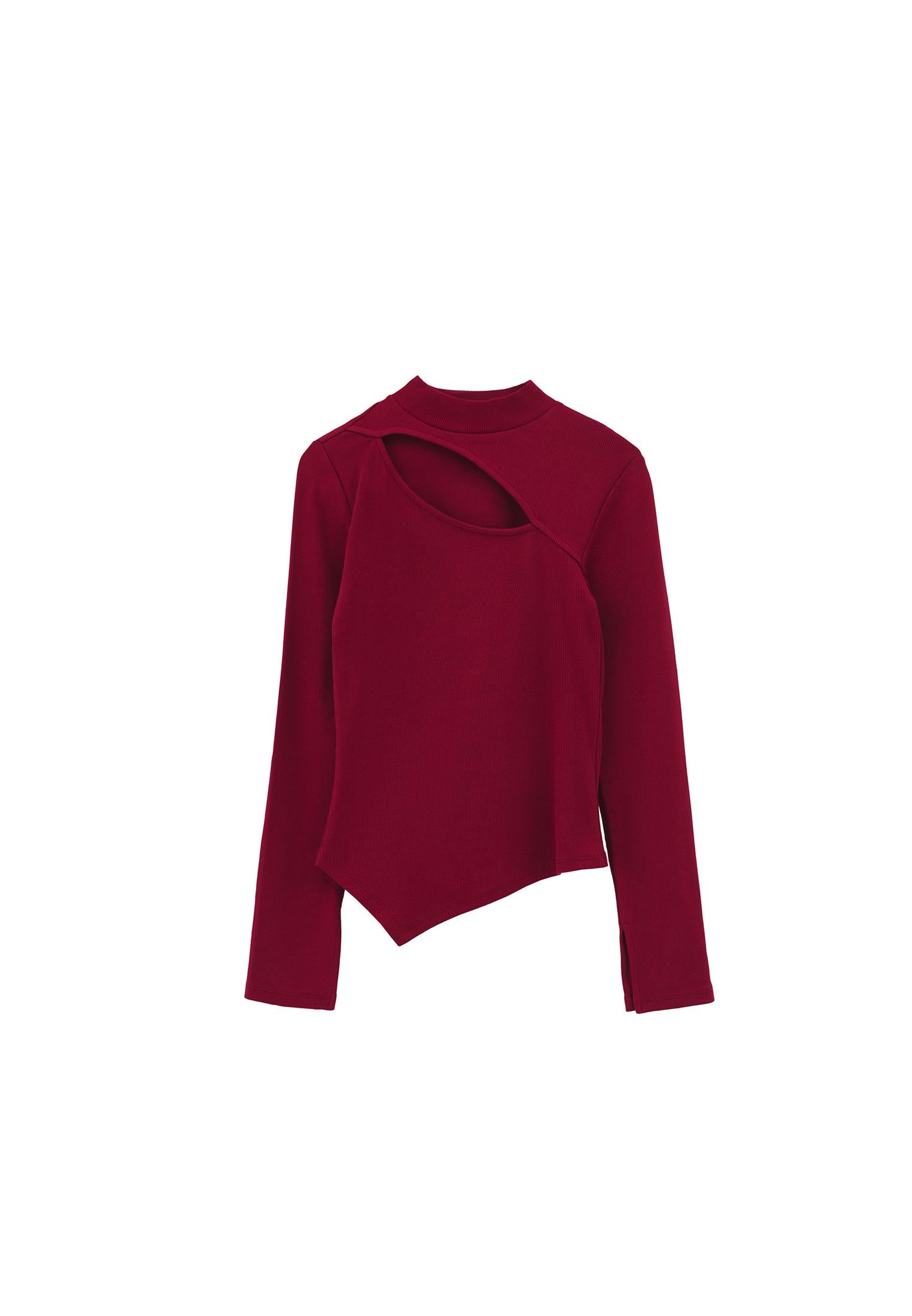 High Neck Cut Out Detail Bodycon T-Shirt - RUMBA RED