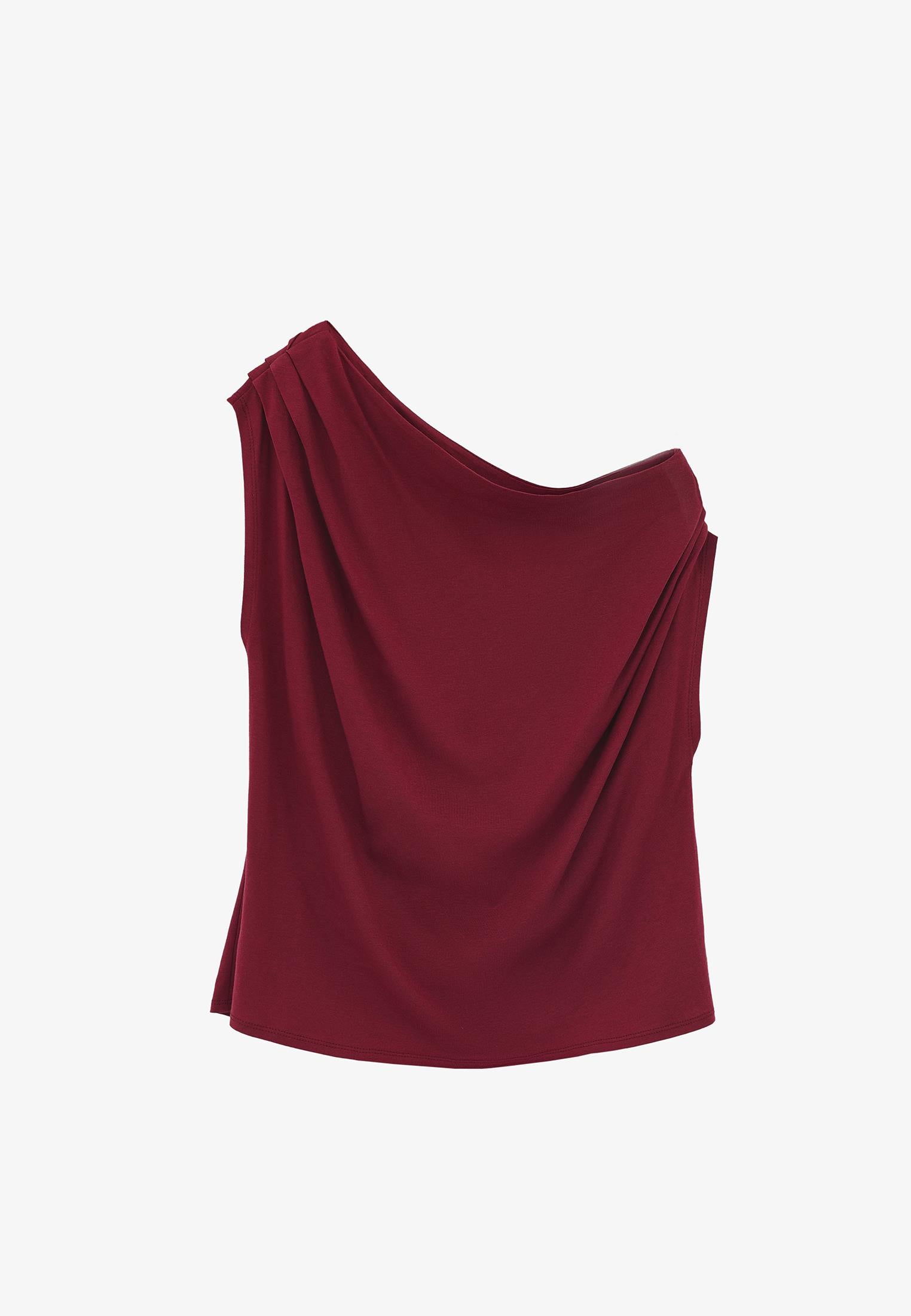 Pleated Asymmetric T-Shirt - RUMBA RED