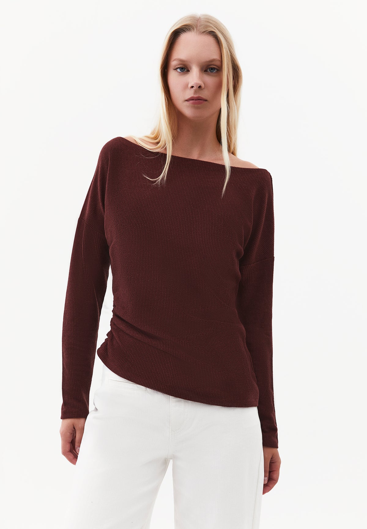 Gathered Boat Neck Blouse - RUM RAISIN
