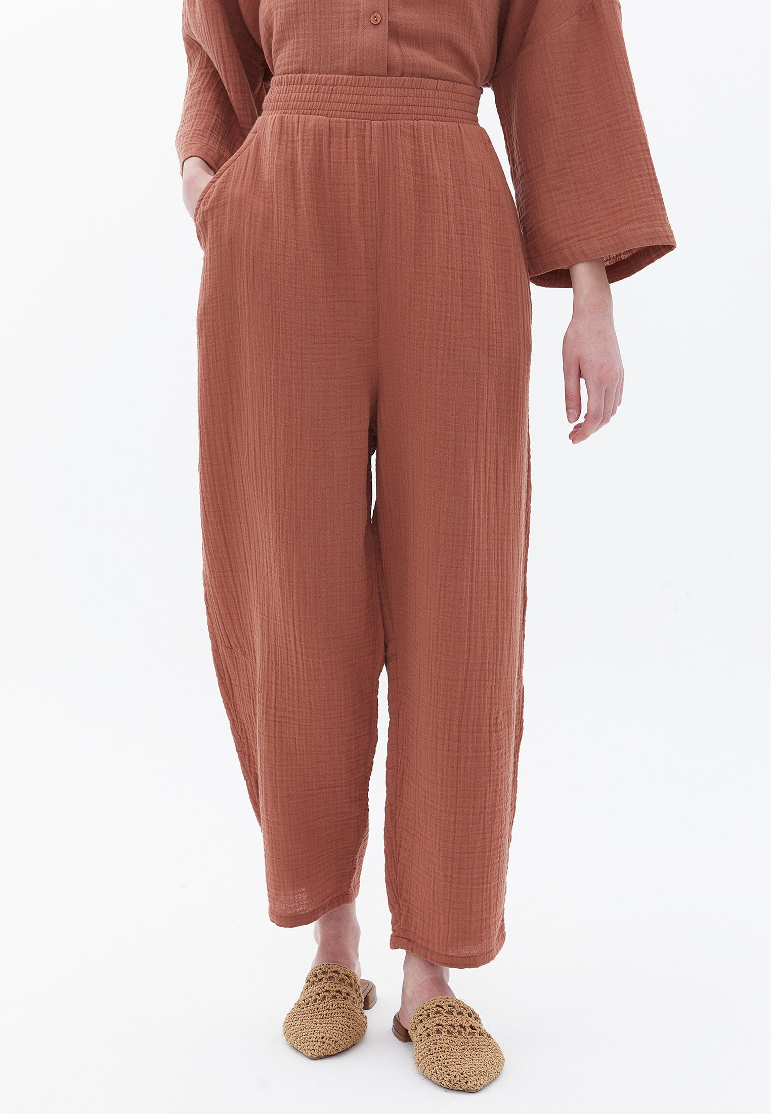 Carrot Leg Cotton Trousers - RUSSET