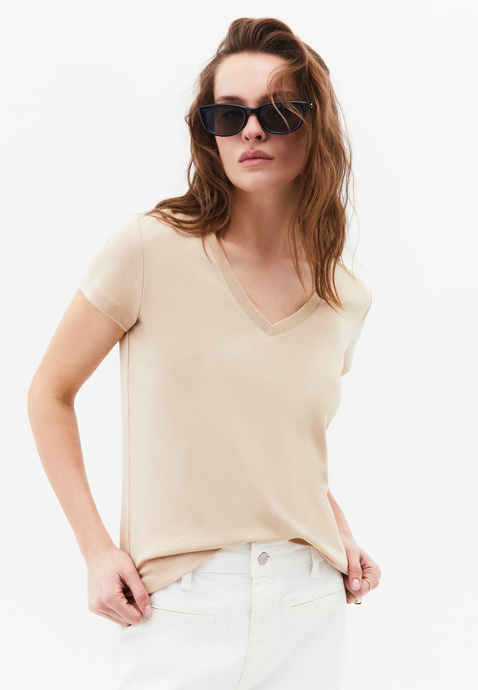 V Neck Short Sleeve Slim T-Shirt - SAFARI