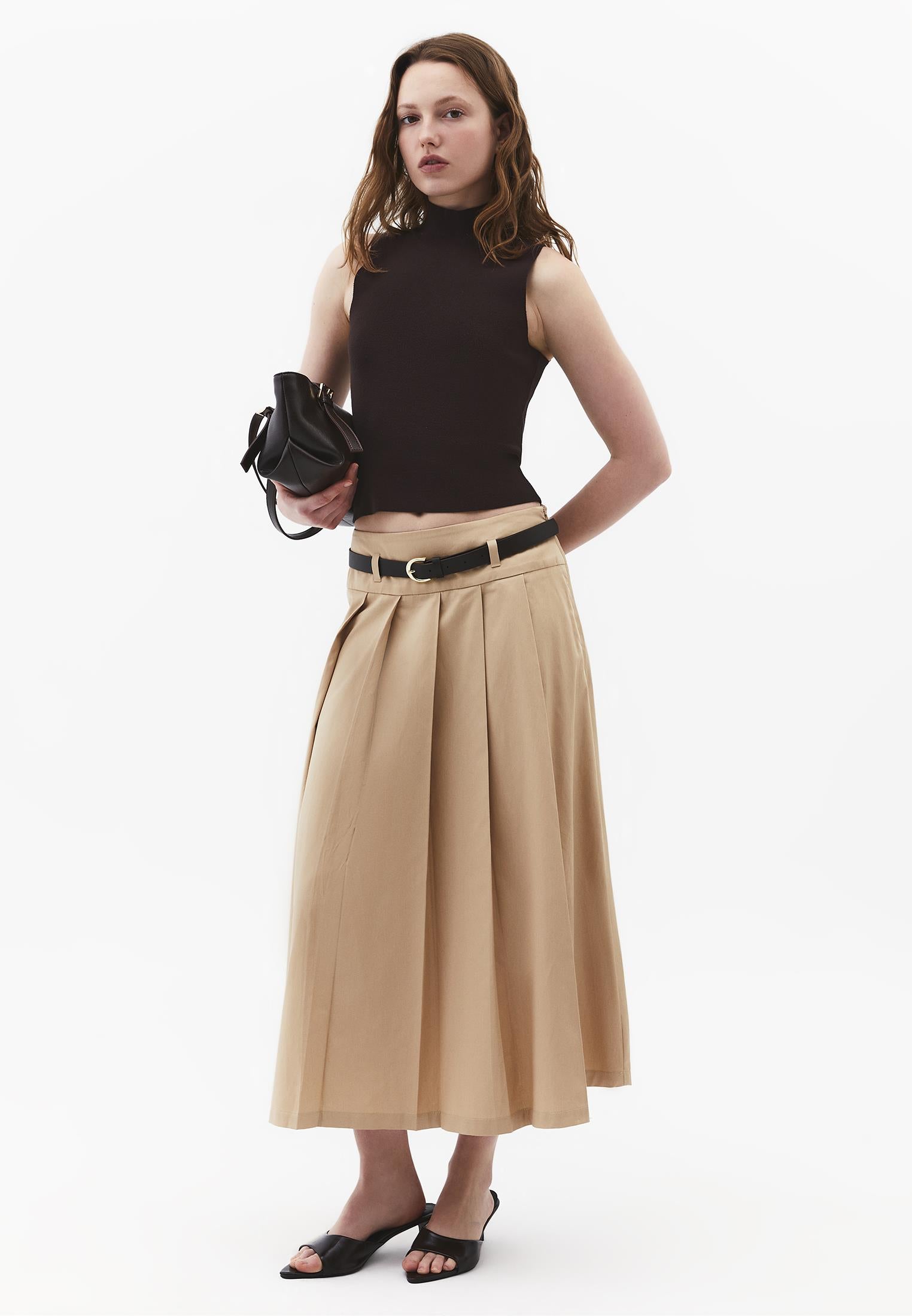 Long Pleated A-Line Skirt With Belt Detail - SAFARI