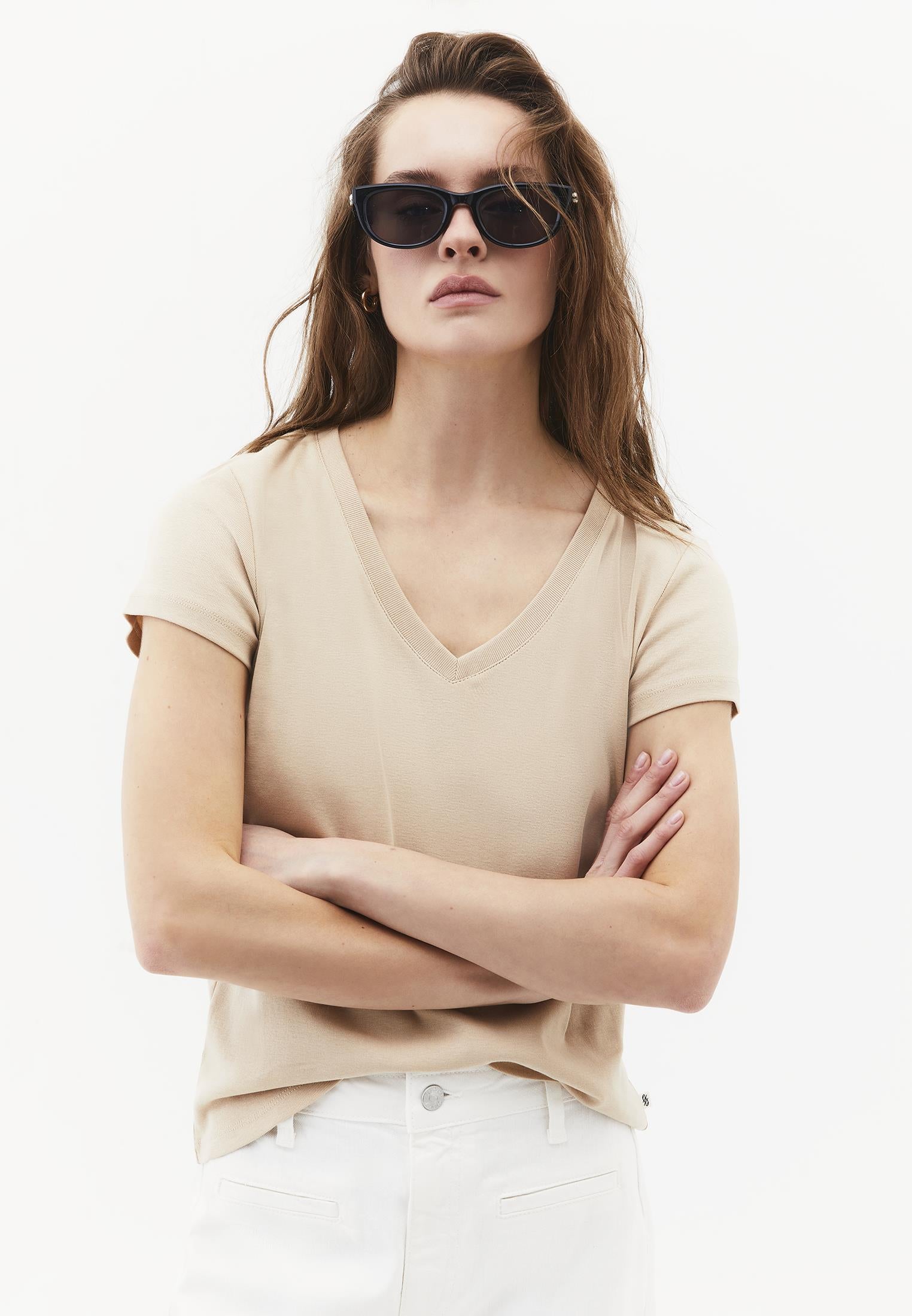 V Neck Short Sleeve Slim T-Shirt - SAFARI
