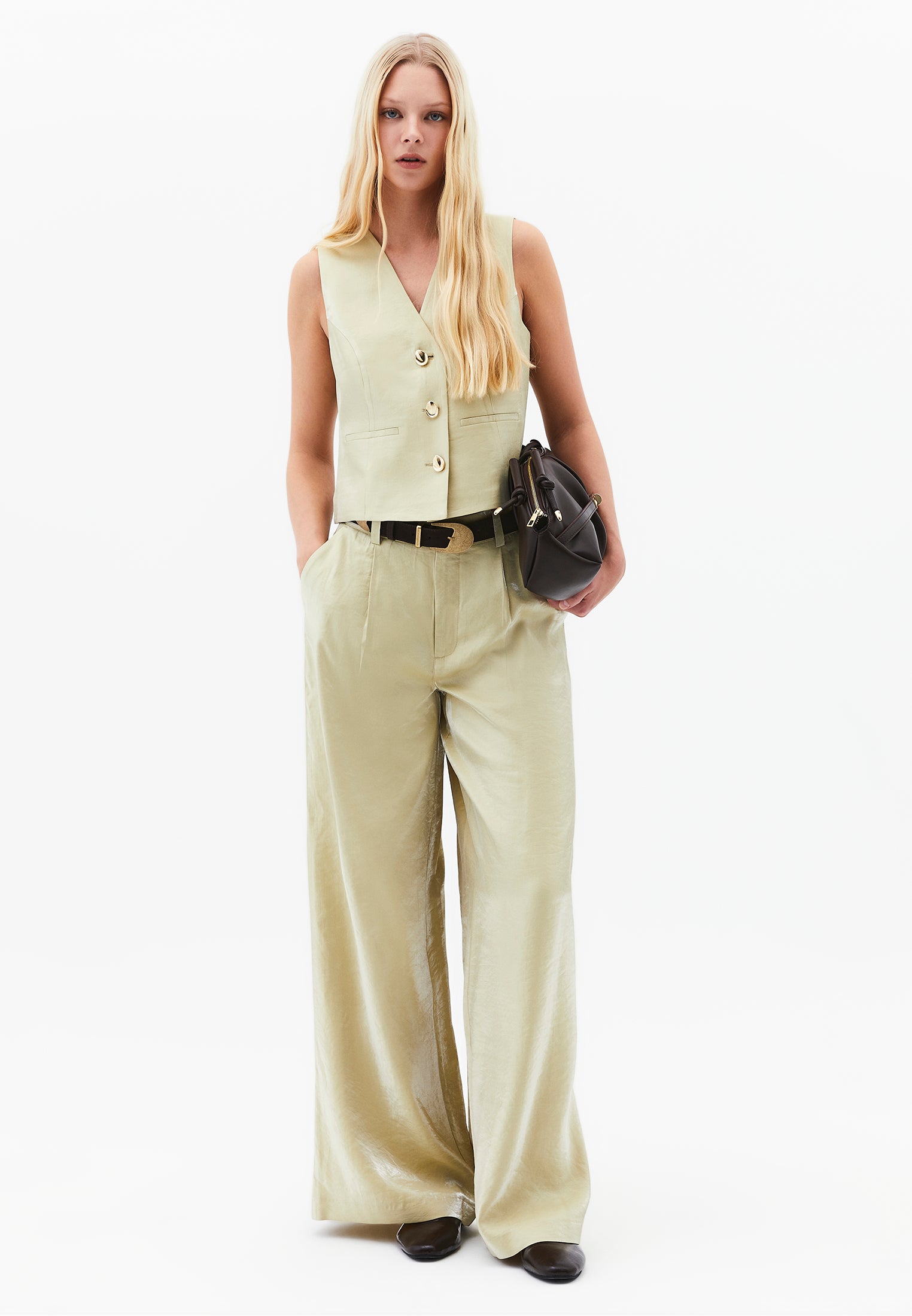 Wide Leg High Waist Pants - SAGE GREEN