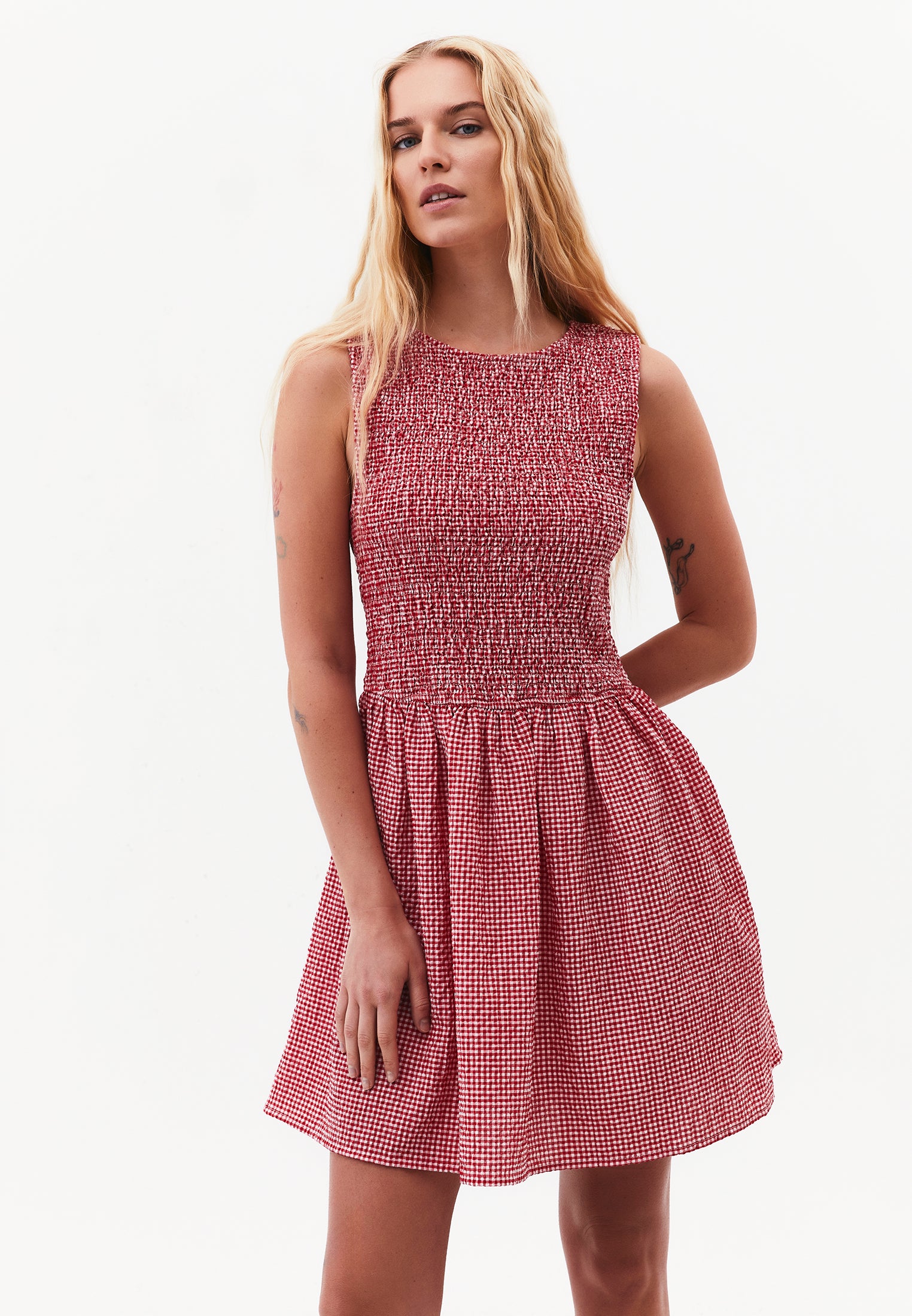 Women's Jumpsuit With Crew Neck And Shirred Details - SAMBA GINGHAM