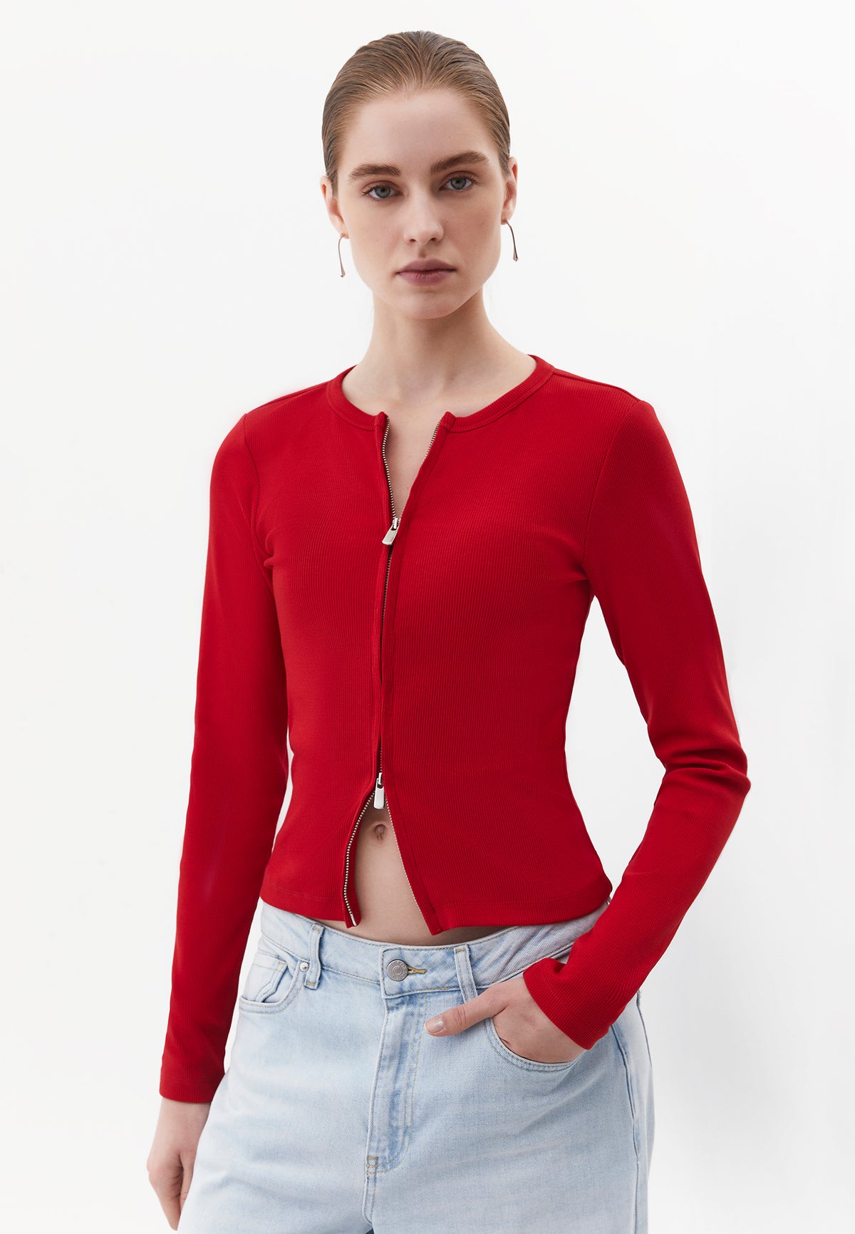 Crew Neck Long Sleeve Zip Detailed Bodycon T-Shirt - SAMBA