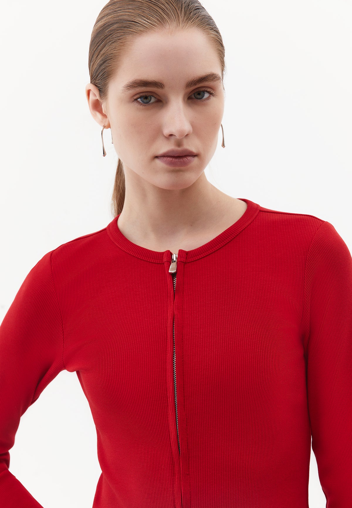 Crew Neck Long Sleeve Zip Detailed Bodycon T-Shirt - SAMBA