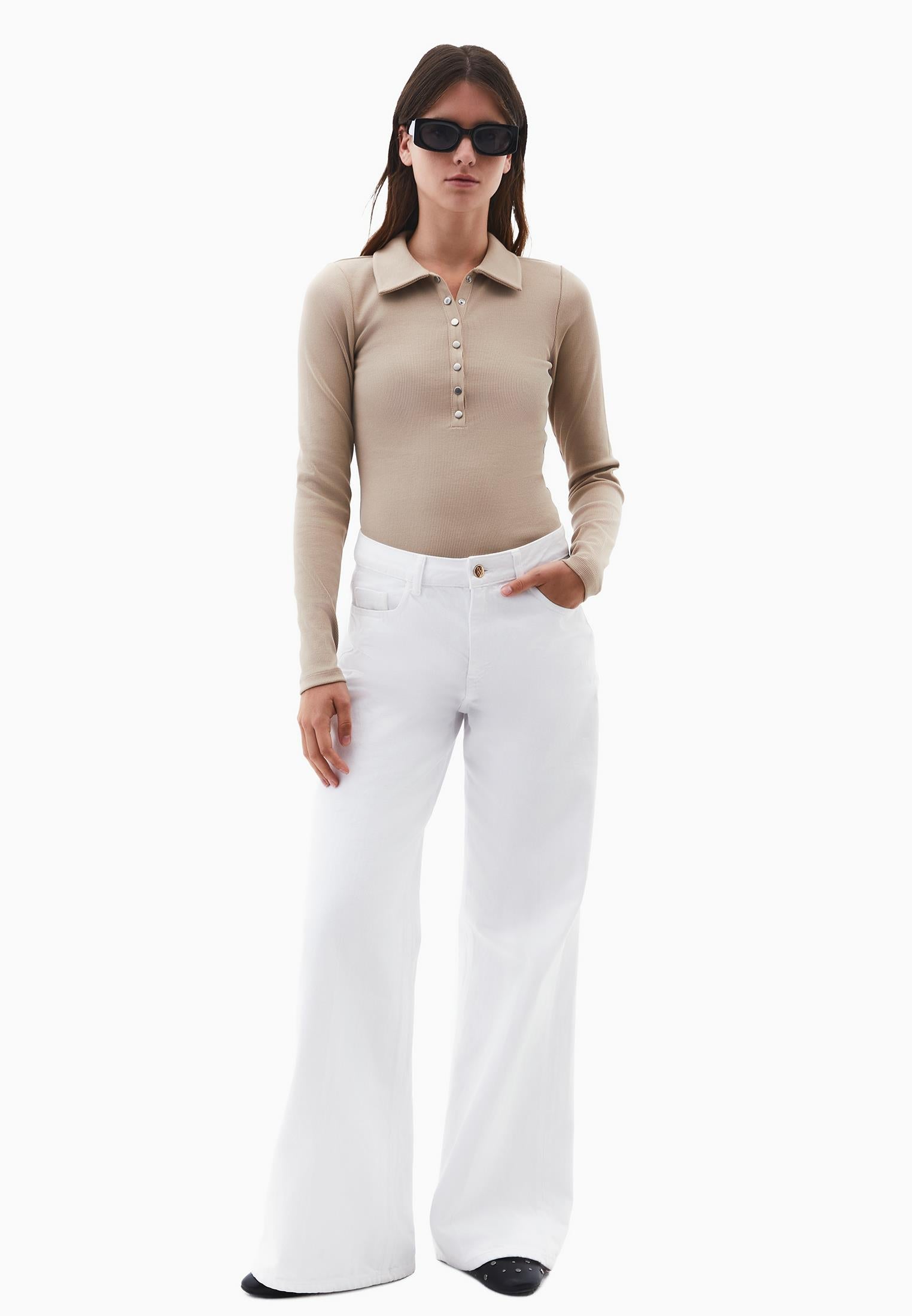 Polo Collar Long Sleeve Bodycon T-Shirt - SAVANNAH TAN