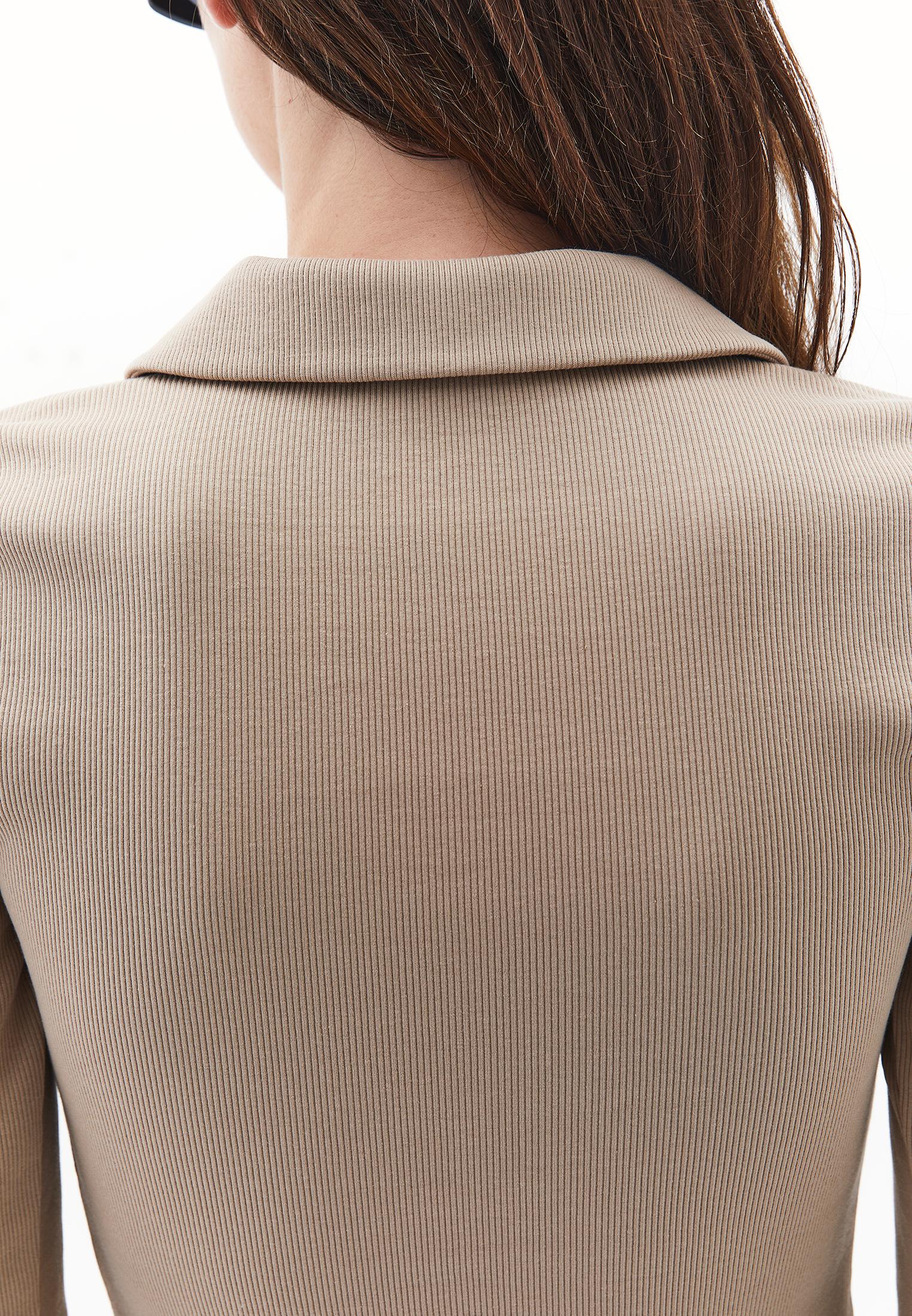Polo Collar Long Sleeve Bodycon T-Shirt - SAVANNAH TAN