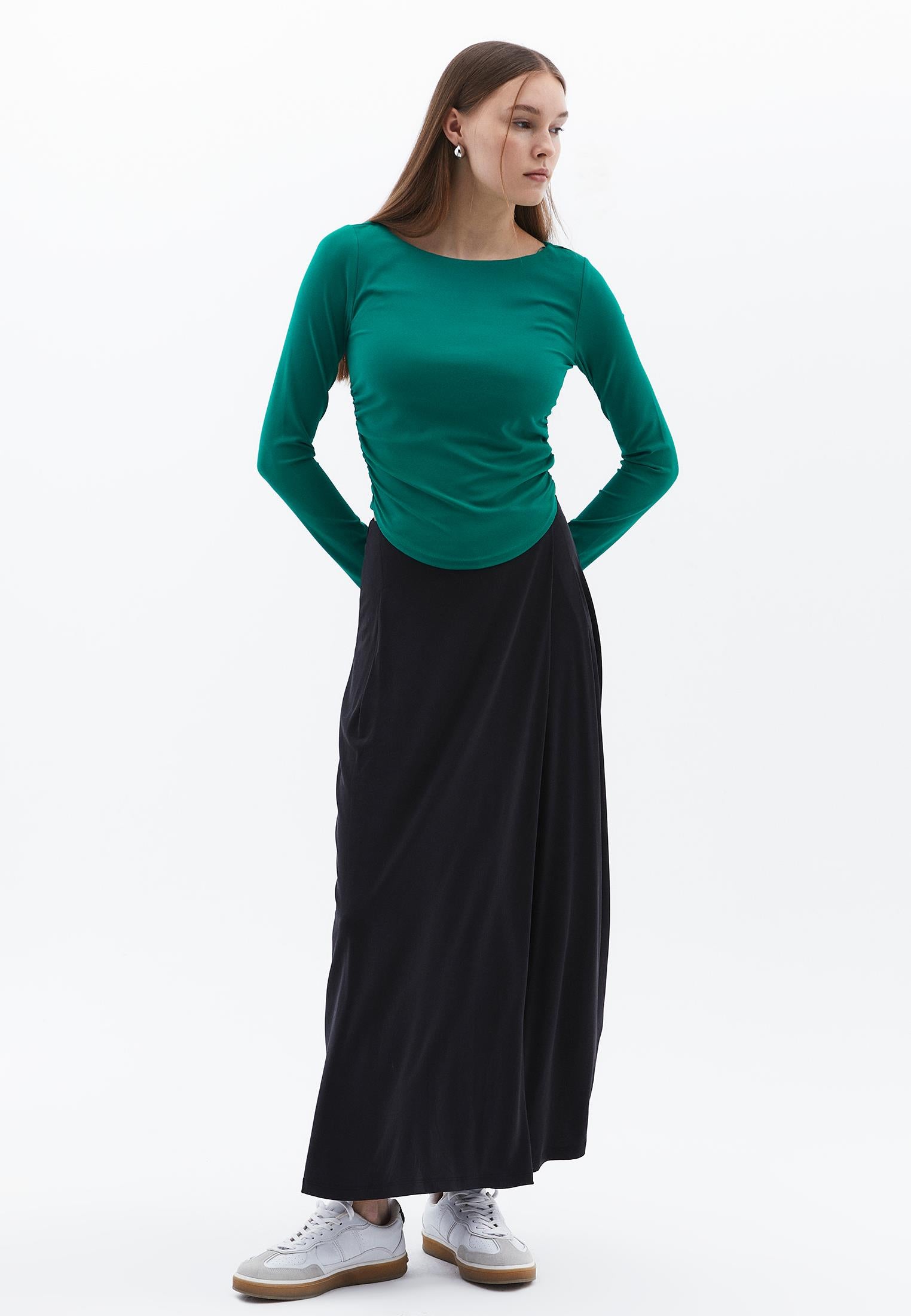 Boat Neck Long Sleeve Bodycon T-Shirt - SHADY GLADE