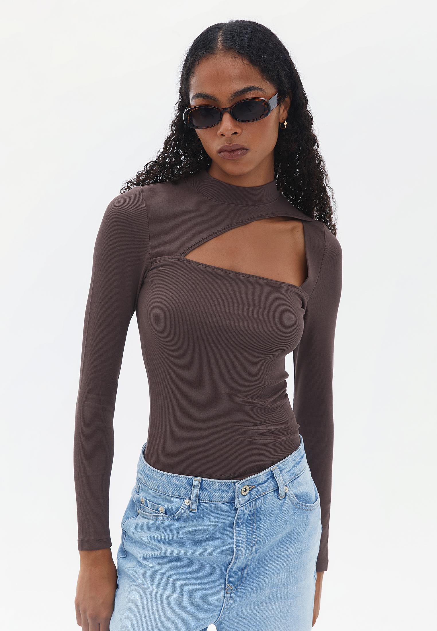 High Neck Long Sleeve Bodycon T-Shirt - SHOPPING BAG