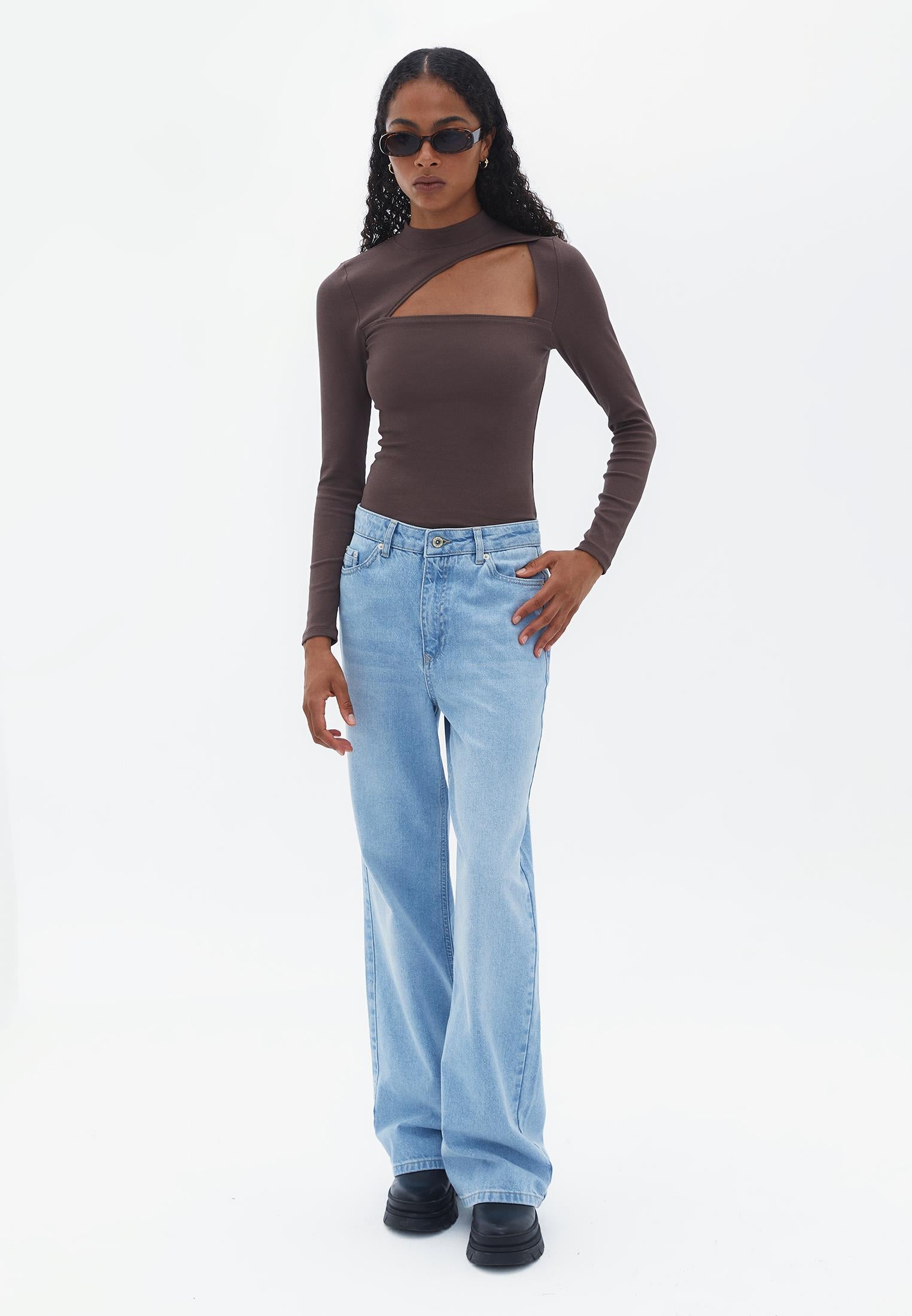 High Neck Long Sleeve Bodycon T-Shirt - SHOPPING BAG