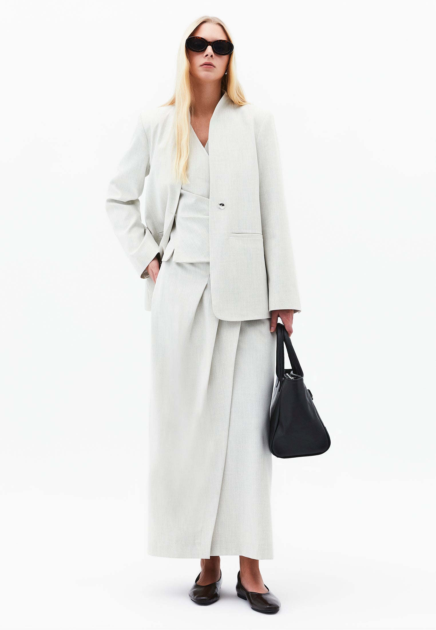 High Collar Button Detailed Oversize Blazer Jacket - SILVER BIRCH MELANGE