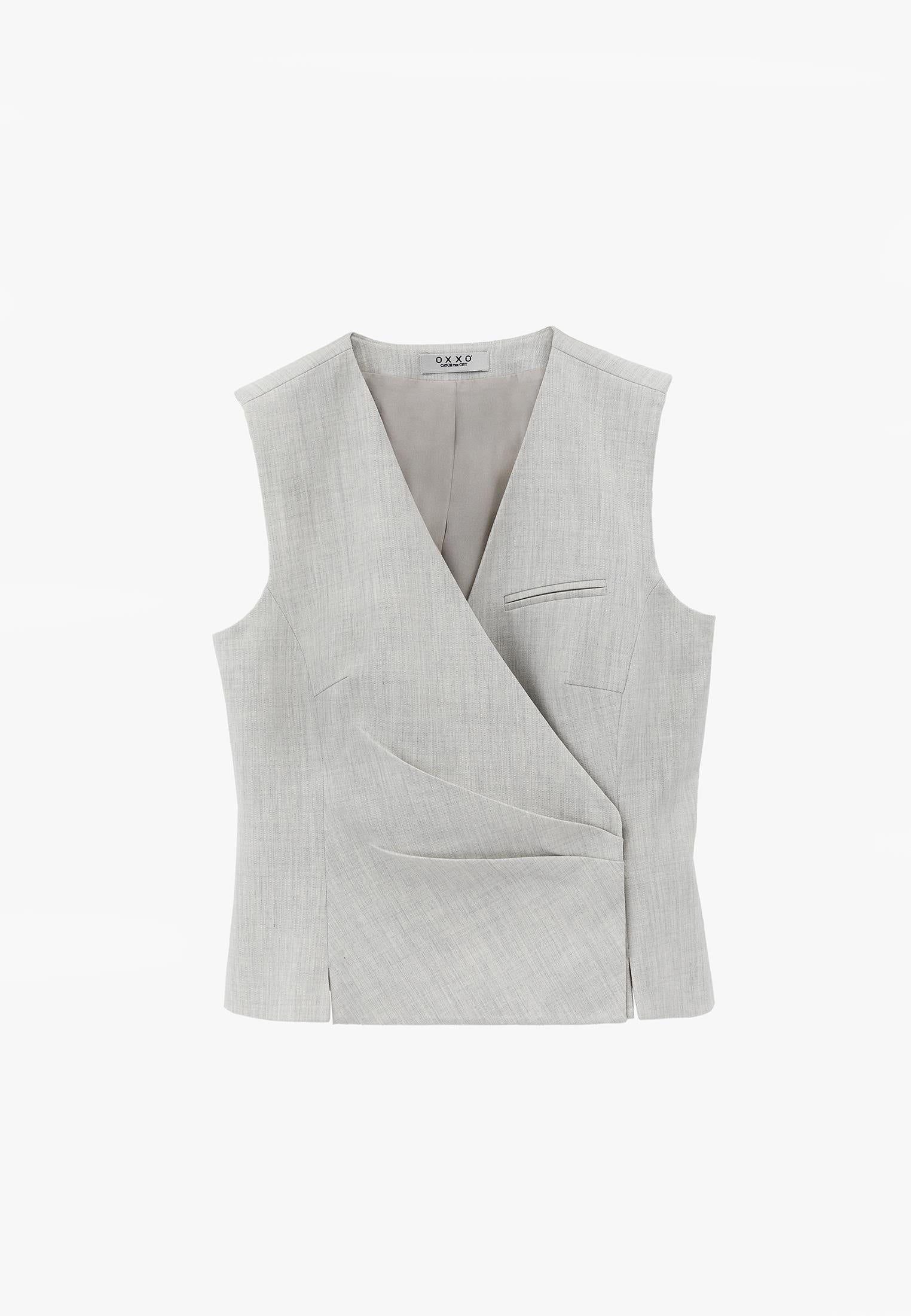 V Neck Pleated Detailed Closed Vest - SILVER BIRCH MELANGE