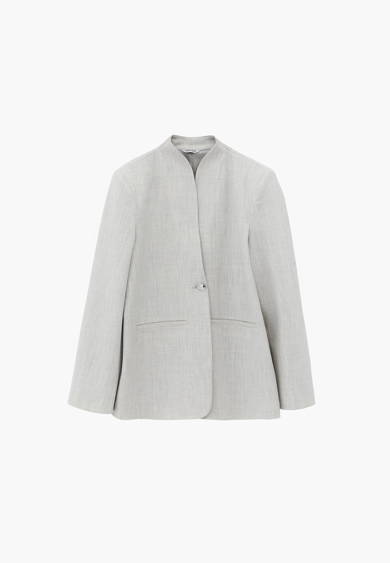 High Collar Button Detailed Oversize Blazer Jacket - SILVER BIRCH MELANGE