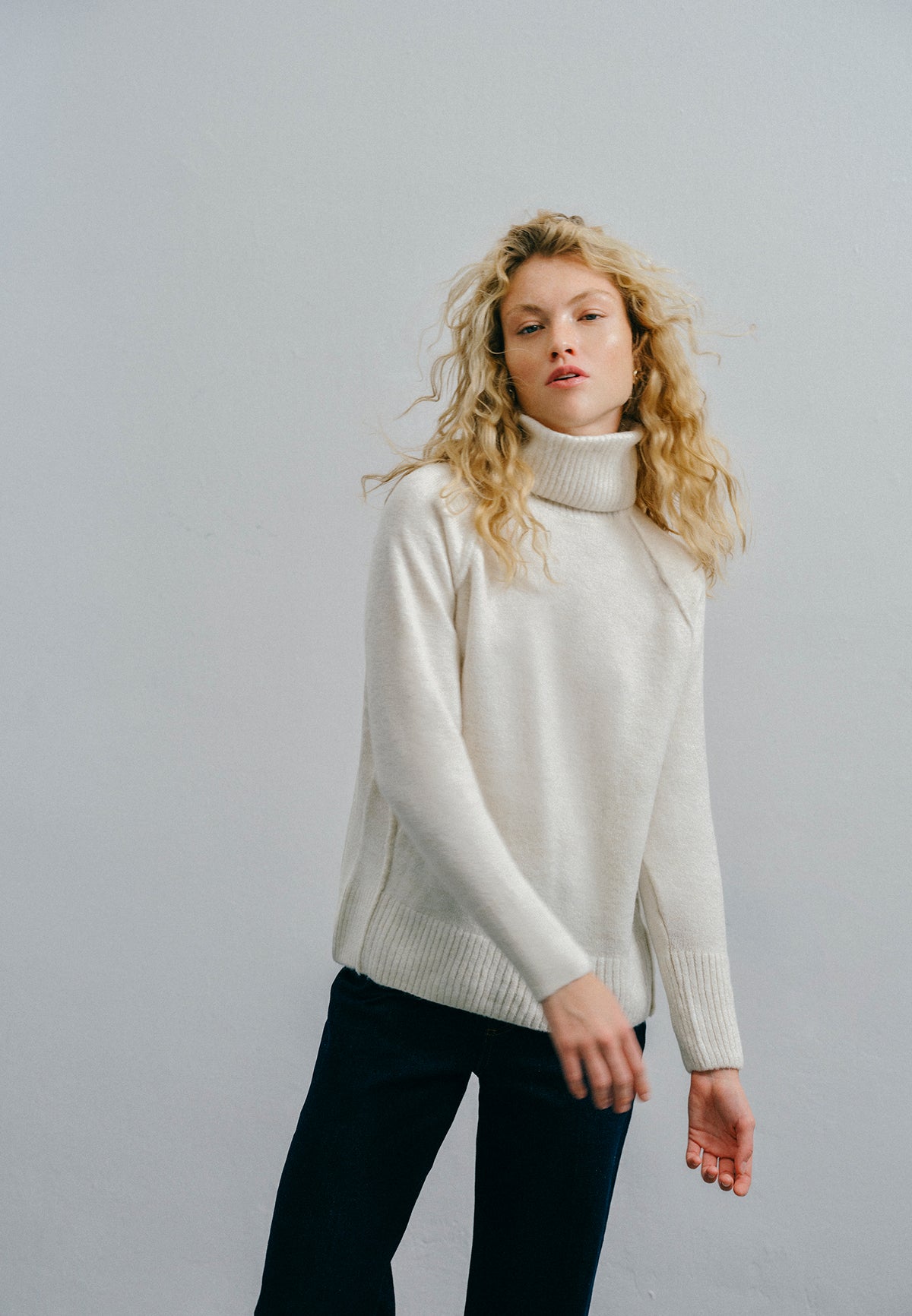 Turtleneck Raglan Sleeve Ribbed Knitwear - SILVER BIRCH