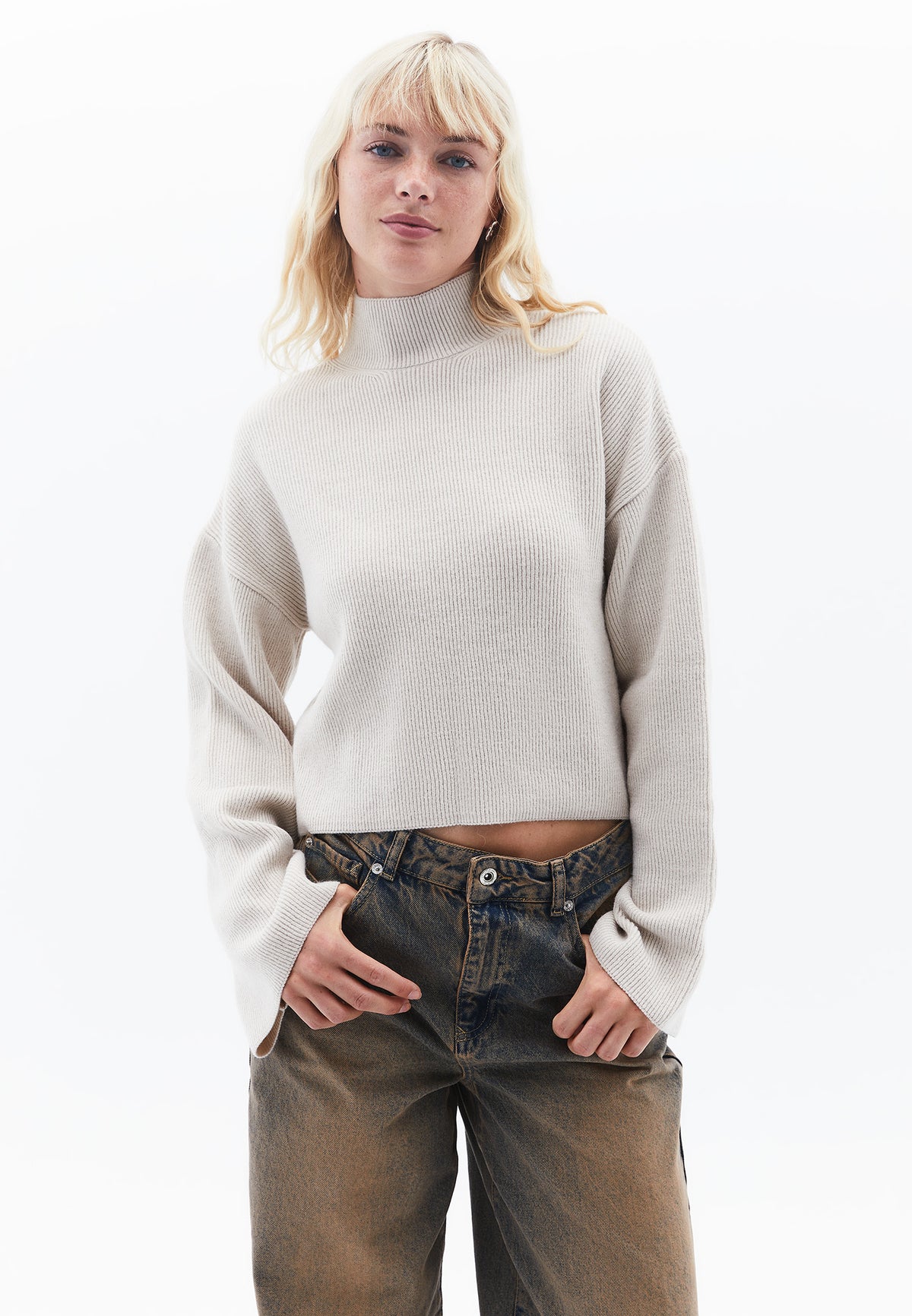 Cropped High Neck Kimono Sleeve Knit Sweater - SILVER BIRCH