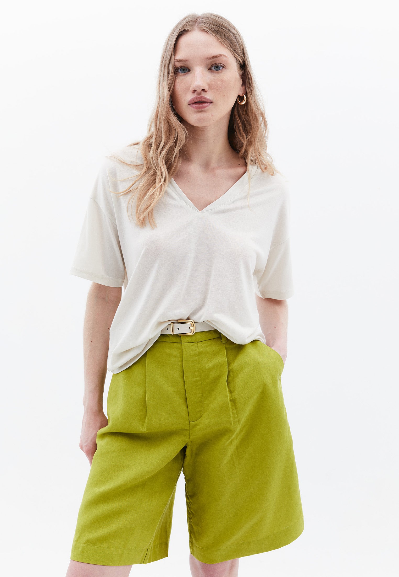 V Neck Oversize Short Sleeve T-Shirt - SILVER BIRCH