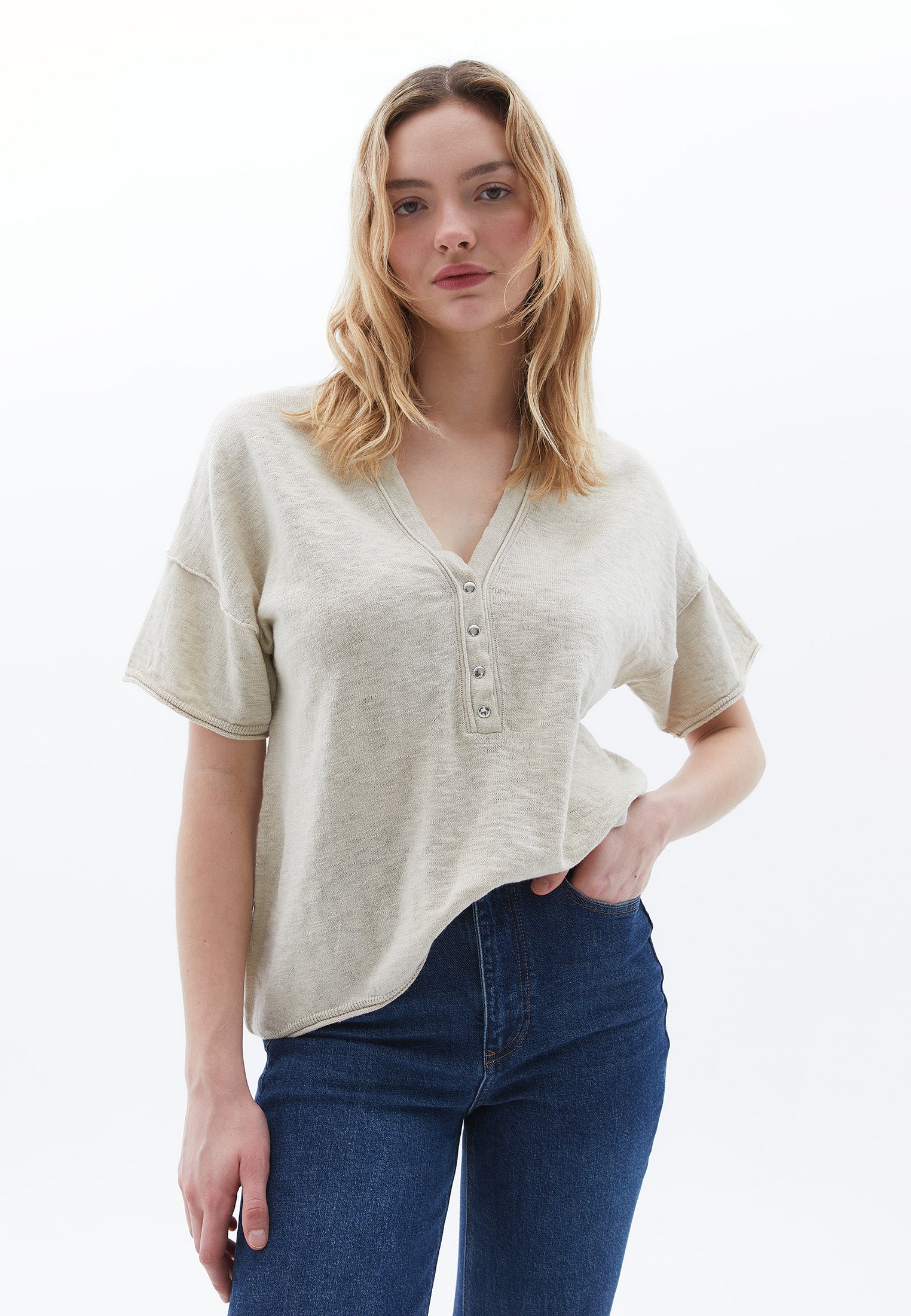 V Neck Short Sleeve T-Shirt Women Topwear - SILVER BIRCH
