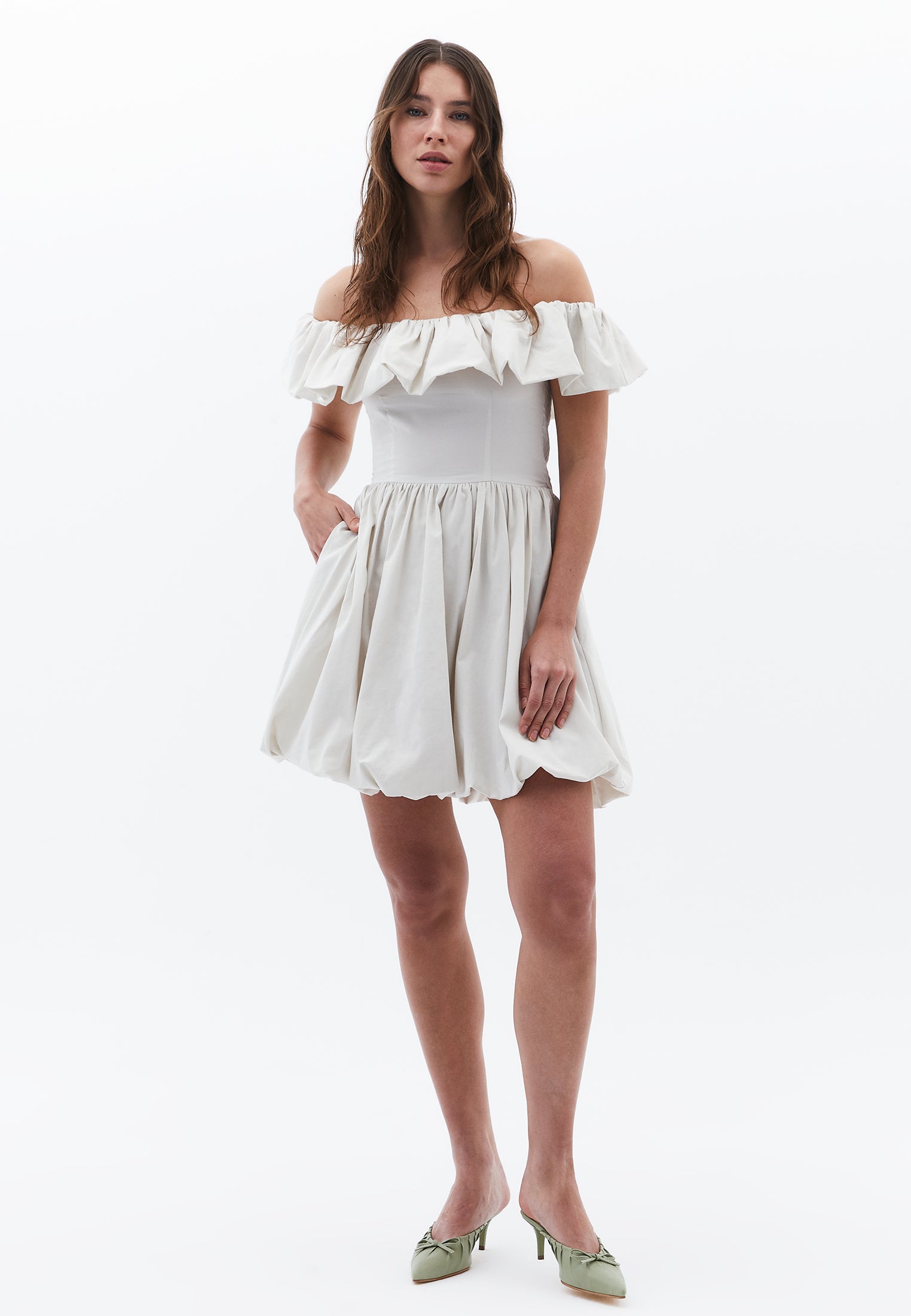 Balloon Mini Dress with Dropped Shoulders - SILVER BIRCH