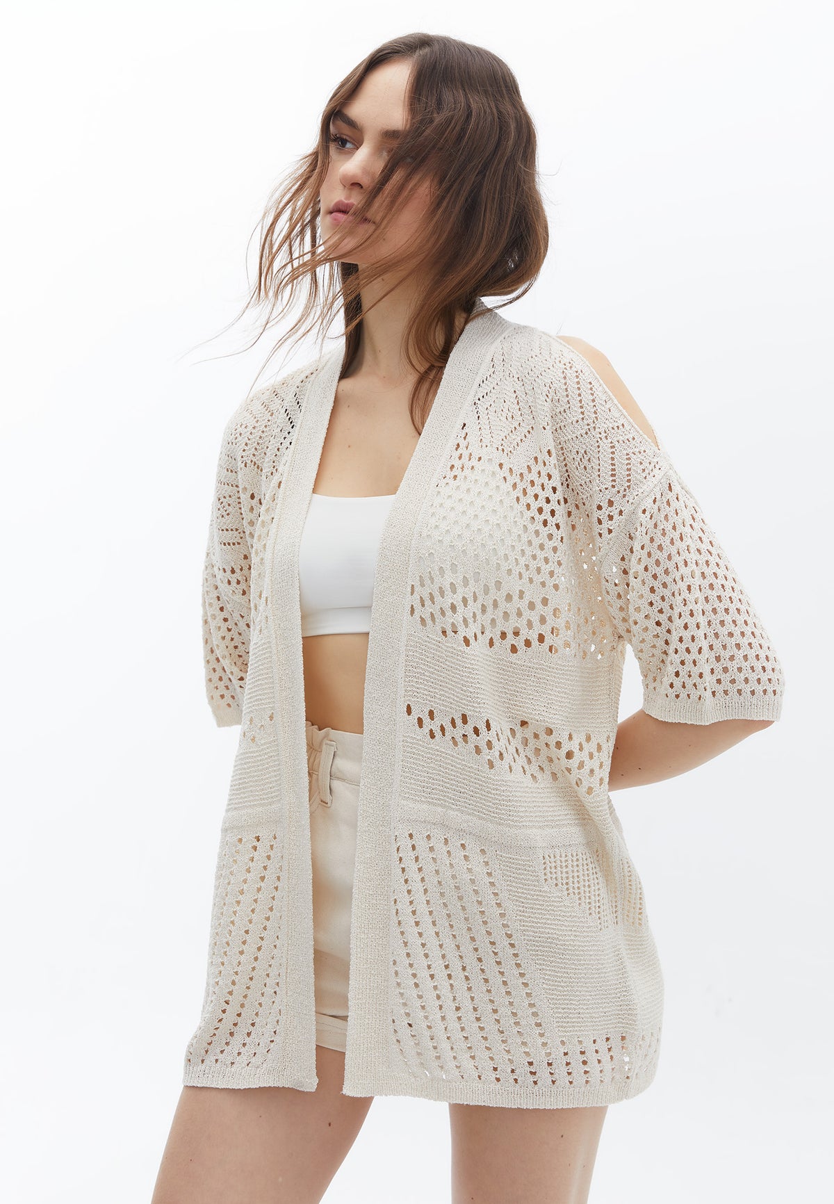 Tunic Length Cardigan With Cut Details - SILVER BIRCH