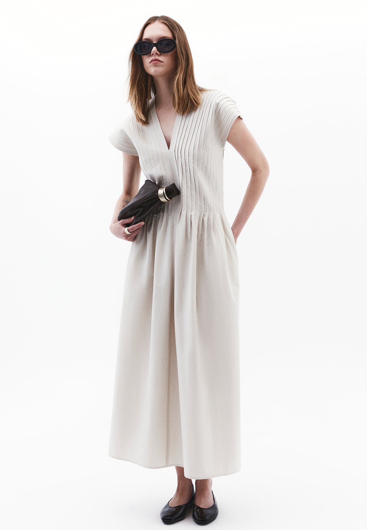 Flared V-Neck Long Dress - SILVER BIRCH