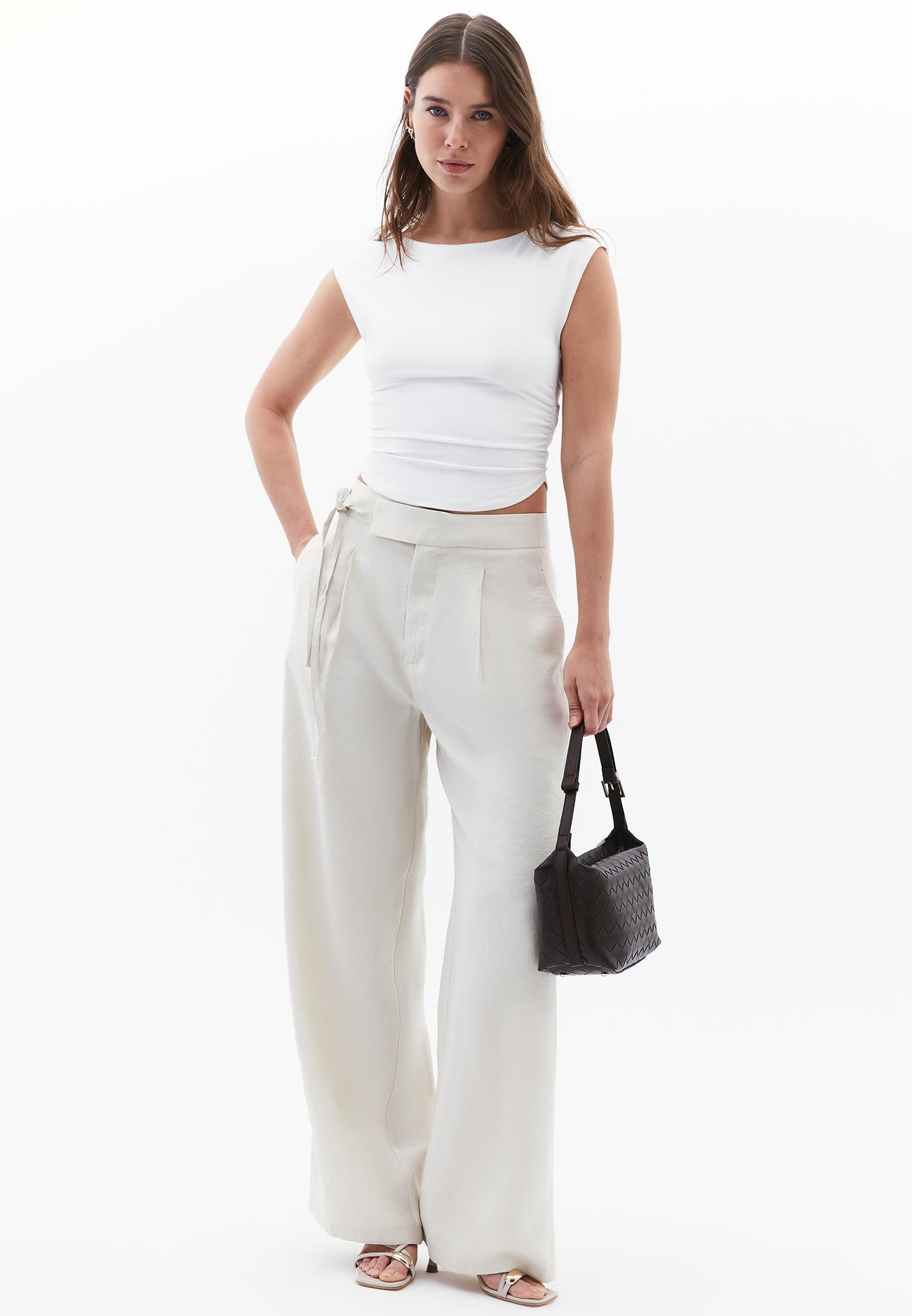 Ultra High Waist Belted Straight Leg Pants - SILVER BIRCH
