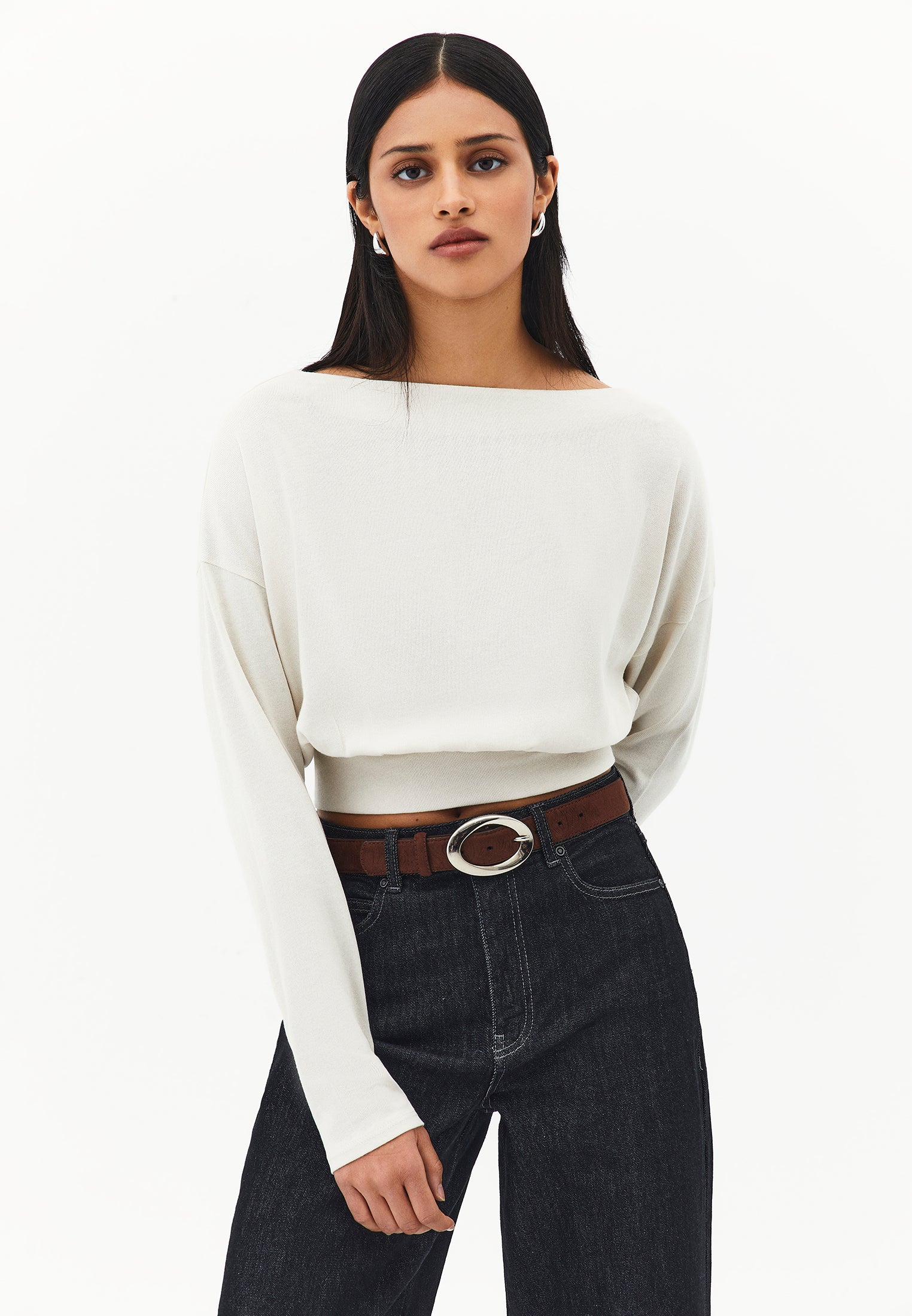 Boat Neck Long Sleeve Sweater - SILVER BIRCH