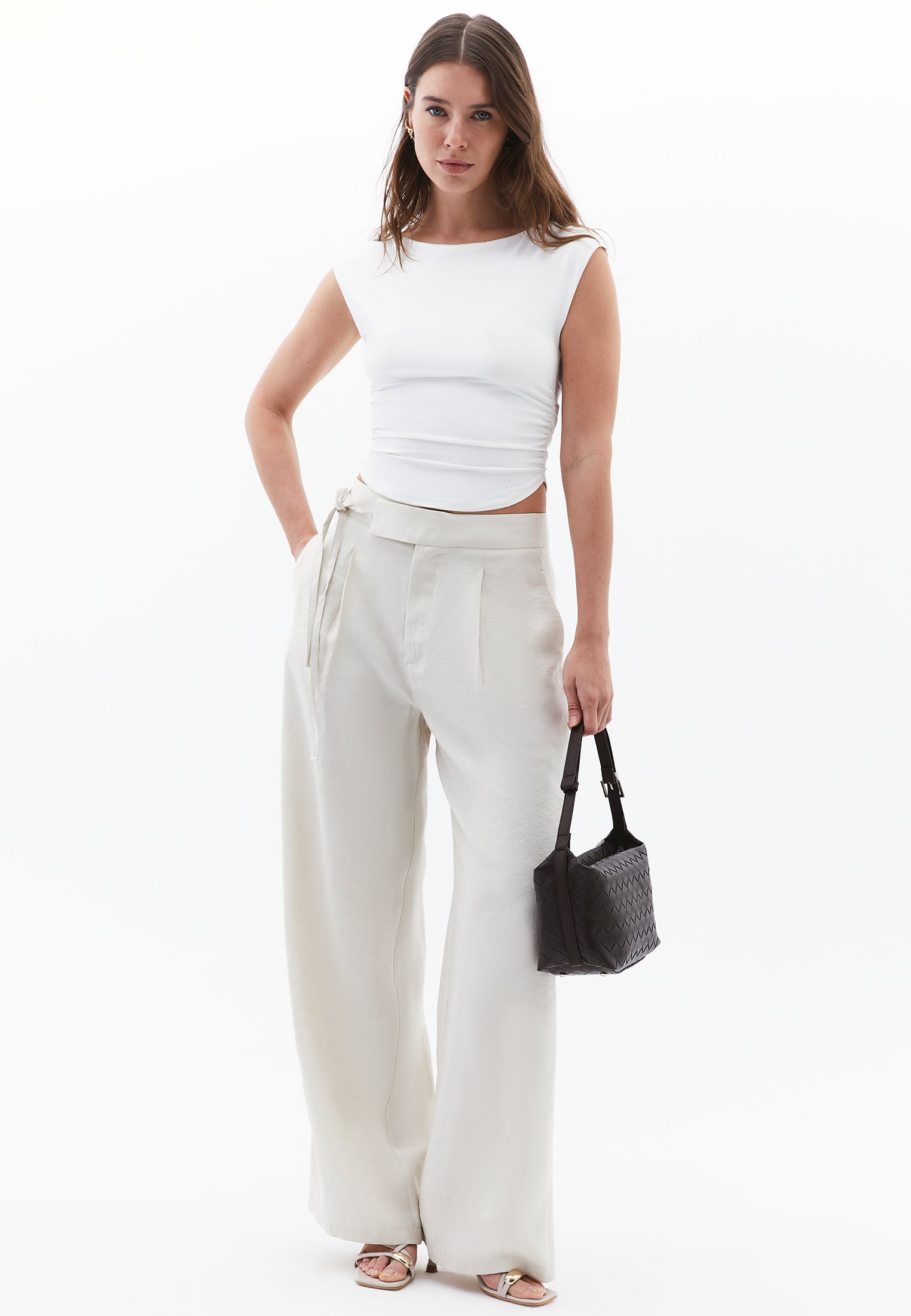 Ultra High Waist Belted Straight Leg Pants - SILVER BIRCH