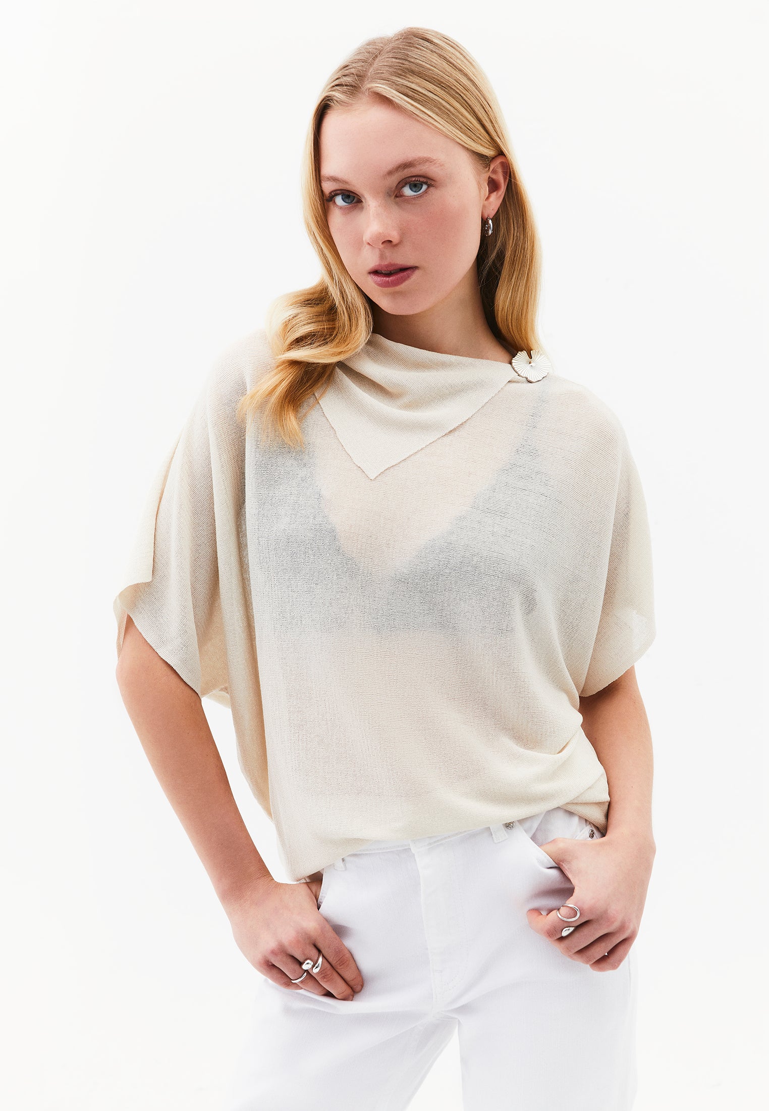 High Neck Sleeveless Oversize Tunic Blouse - SILVER BIRCH