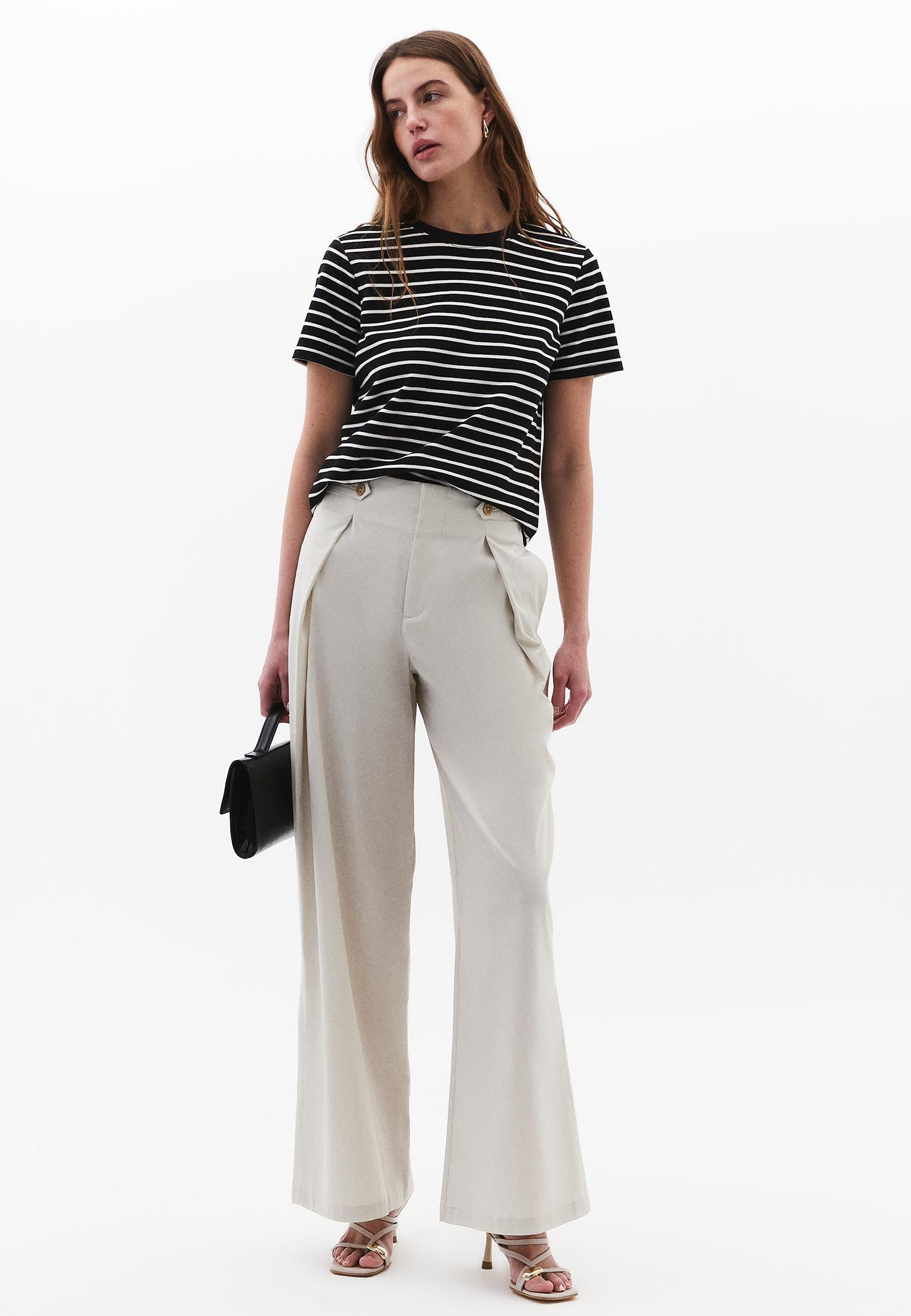 Pleated High Waist Trousers With Button Details - SILVER BIRCH