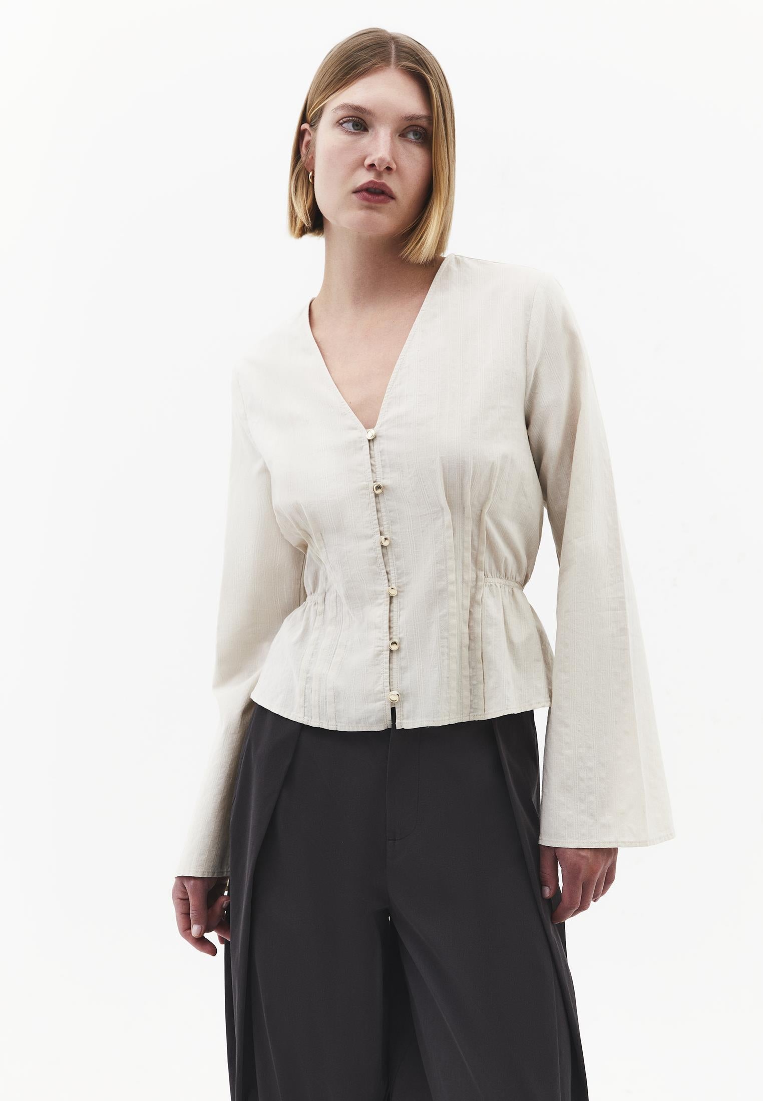 Slim Fit Blouse With Mandarin Collar And Long Sleeves - SILVER BIRCH