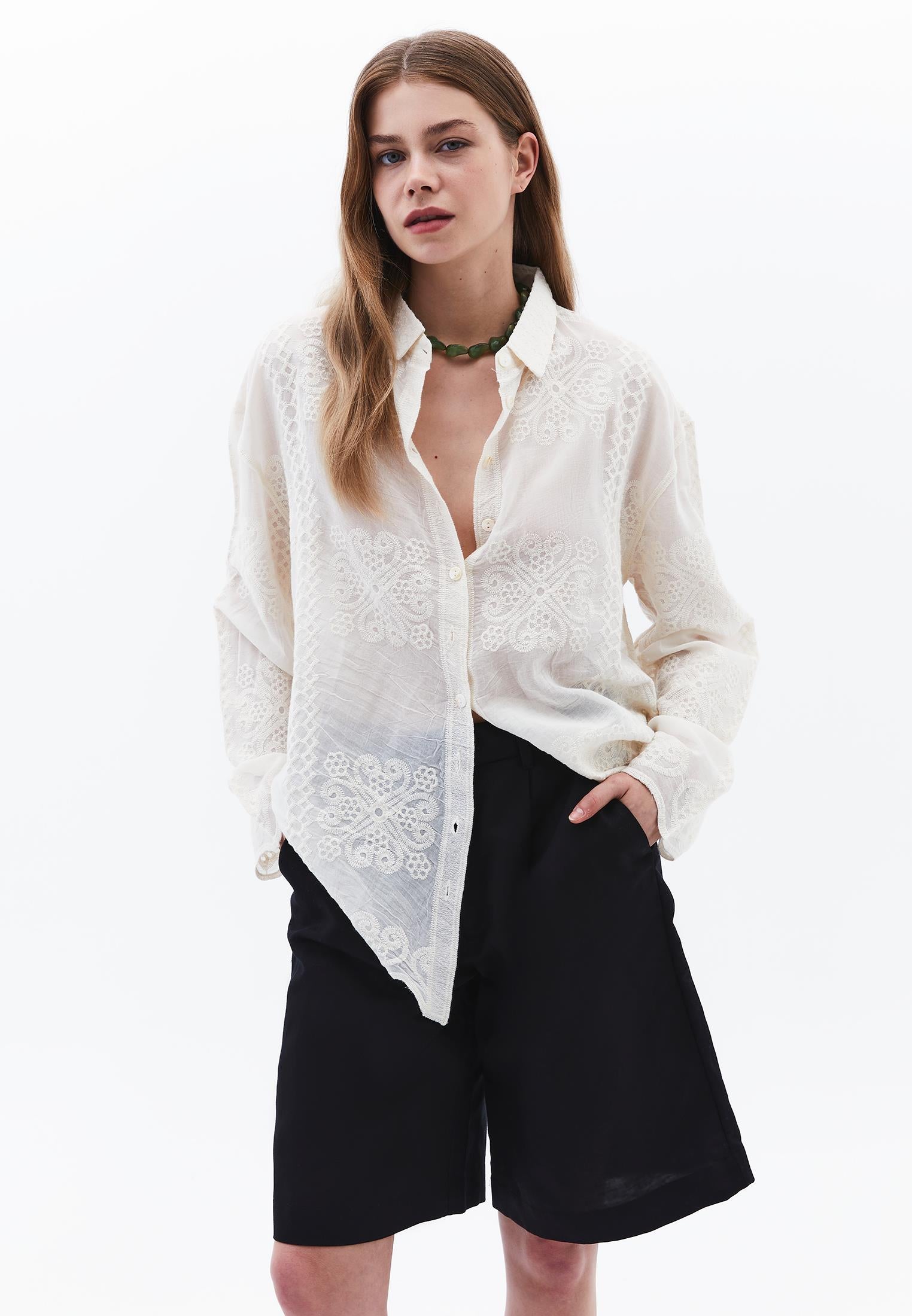 Embroidered Detail Shirt - SILVER BIRCH