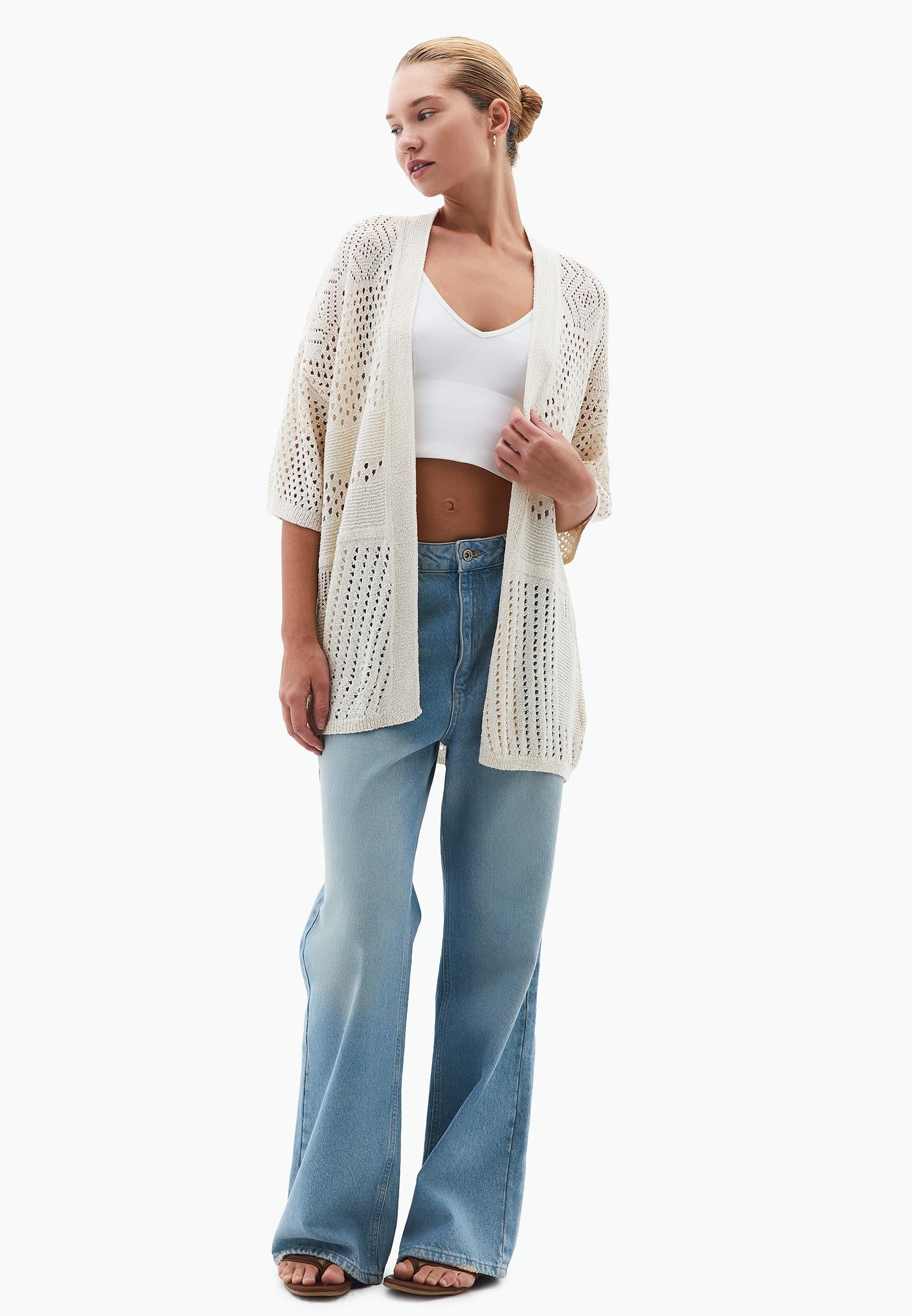 Midi Cardigan With Ajour Details - SILVER BIRCH