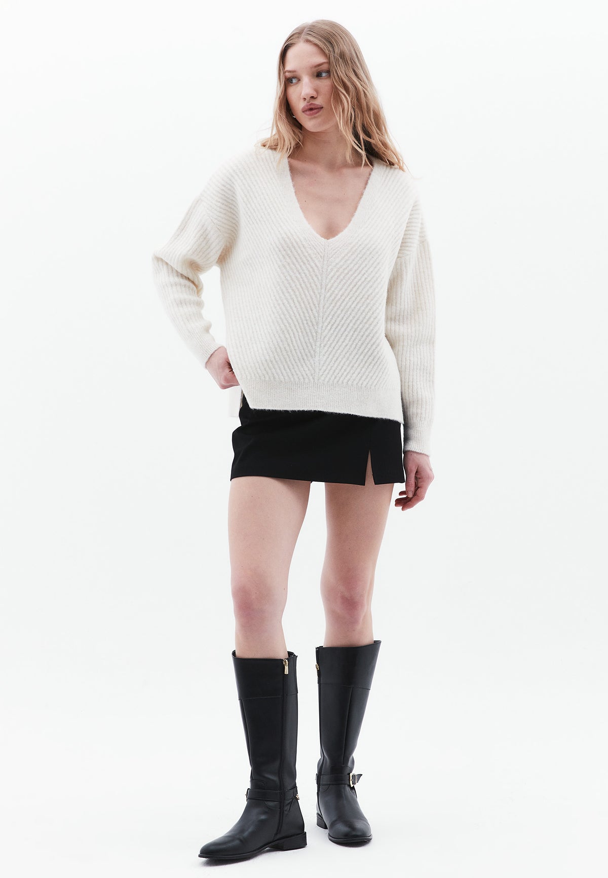 V Neck Long Sleeve Sweater - SILVER BIRCH