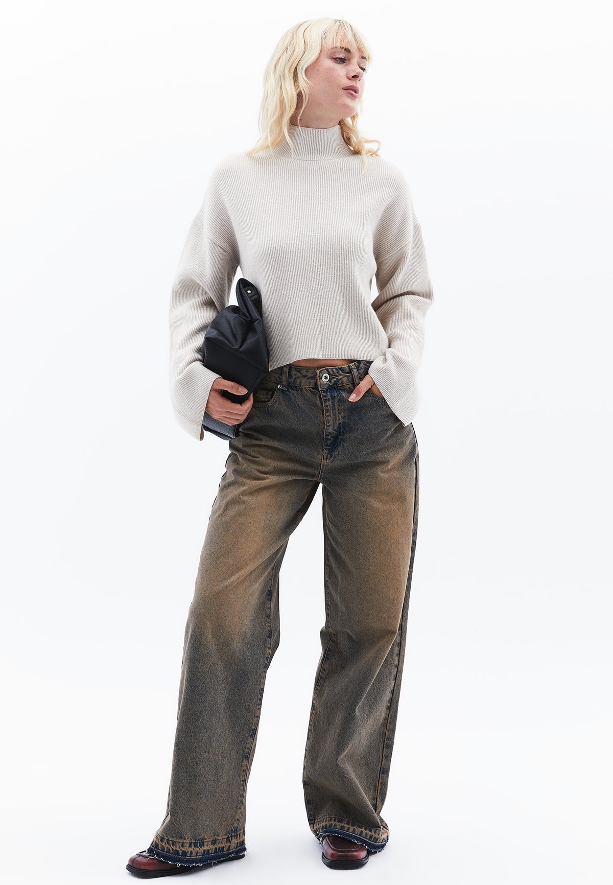 Cropped High Neck Kimono Sleeve Knit Sweater - SILVER BIRCH