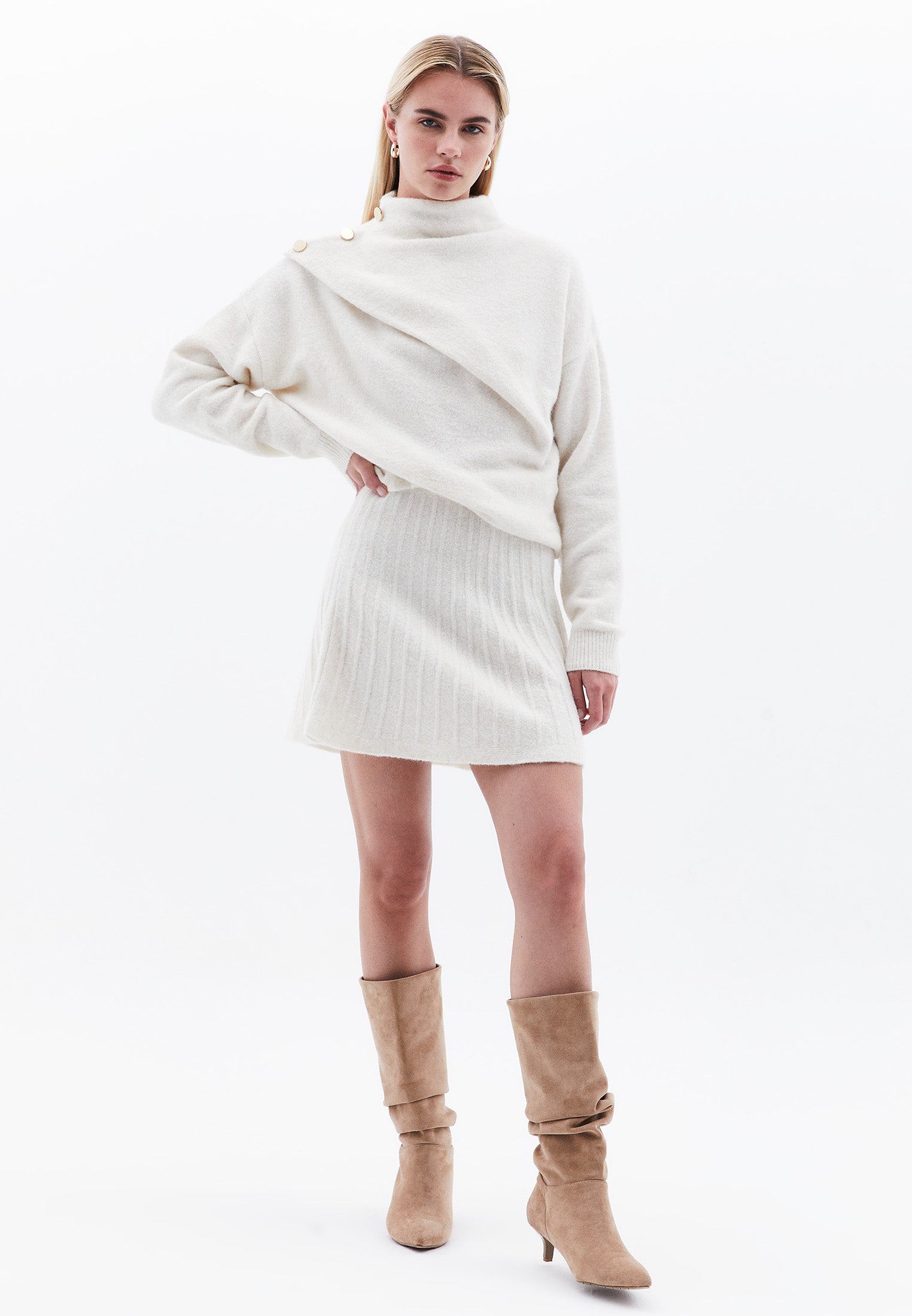 High Neck Button Detailed Sweater - SILVER BIRCH