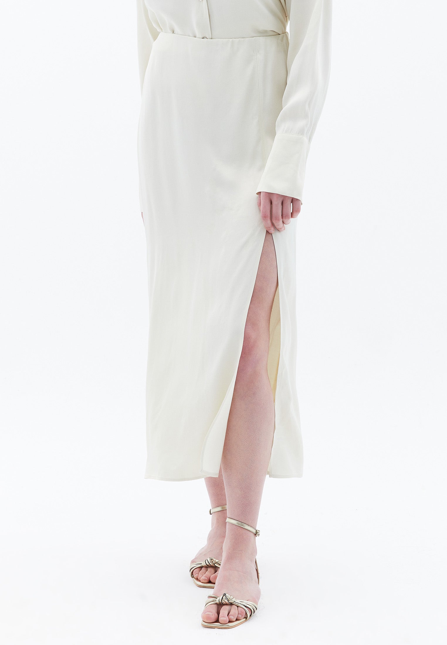 High Waist Slit Detailed Midi Skirt - SILVER BIRCH