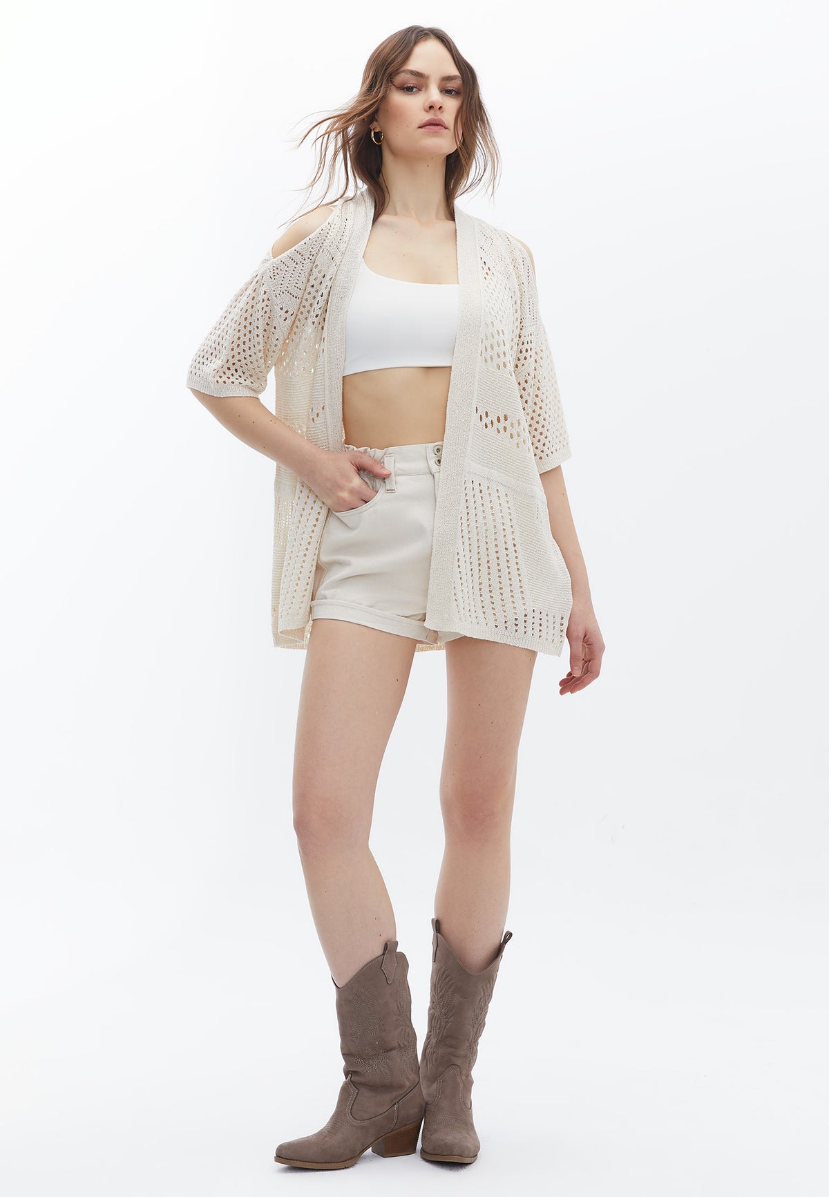 Tunic Length Cardigan With Cut Details - SILVER BIRCH