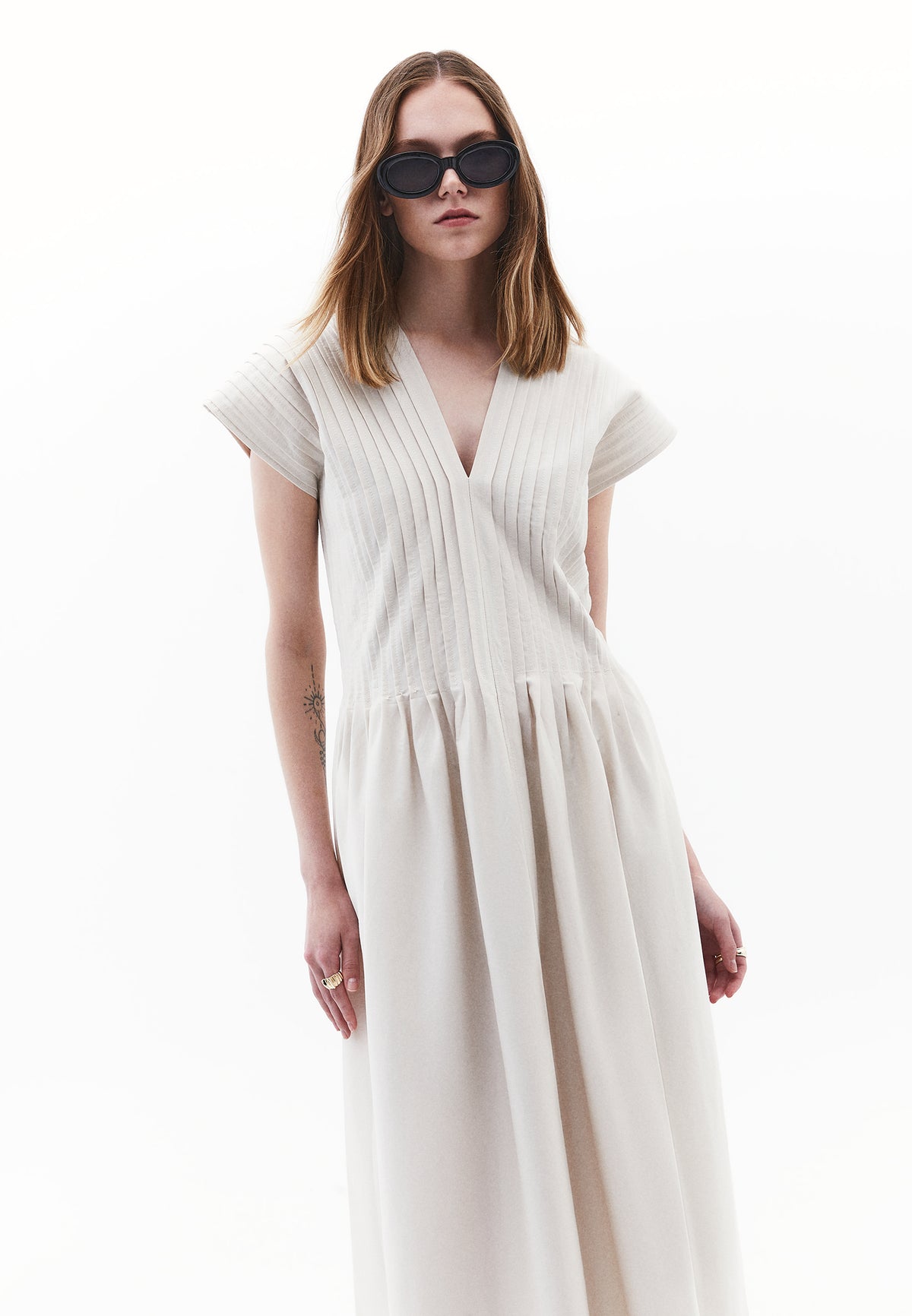 Flared V-Neck Long Dress - SILVER BIRCH