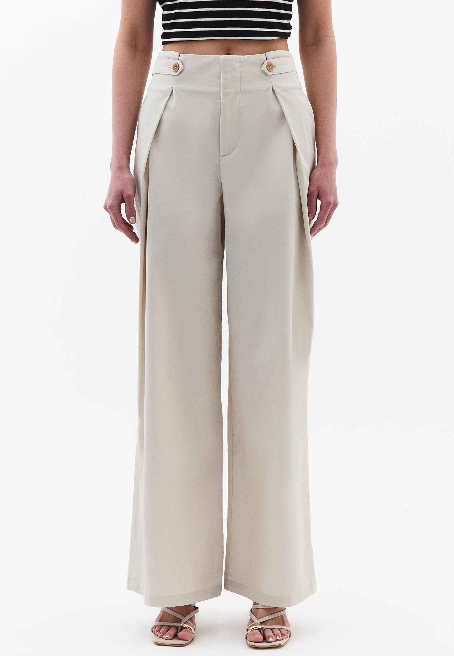 Pleated High Waist Trousers With Button Details - SILVER BIRCH