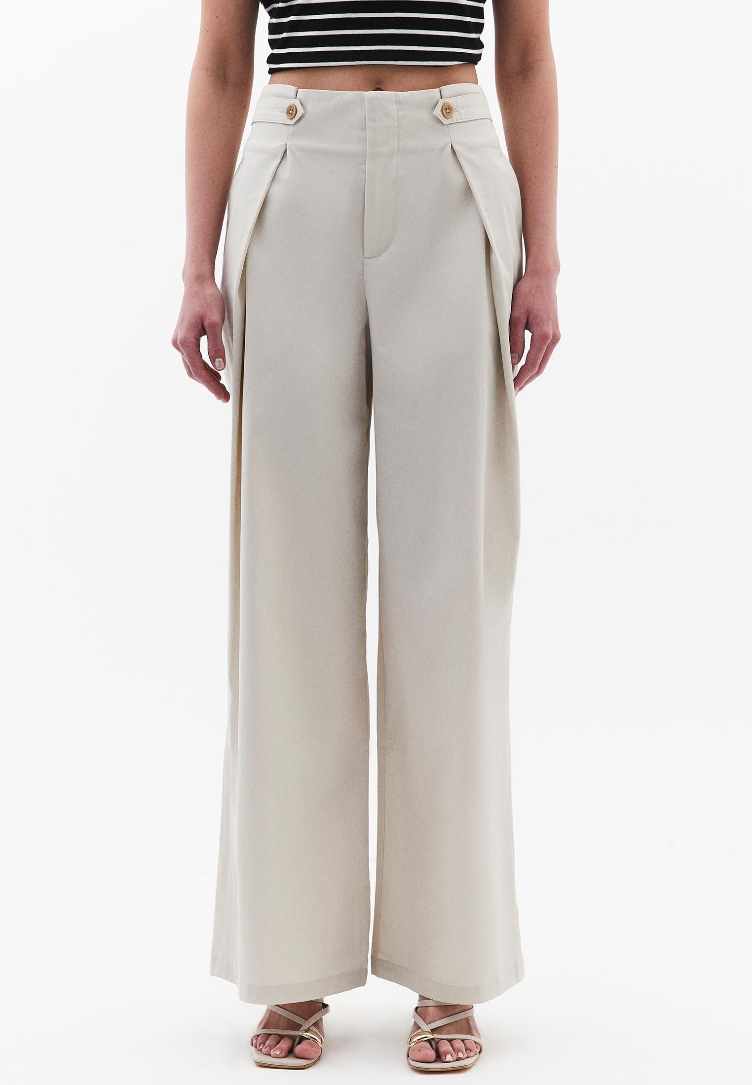 Pleated High Waist Trousers With Button Details - SILVER BIRCH