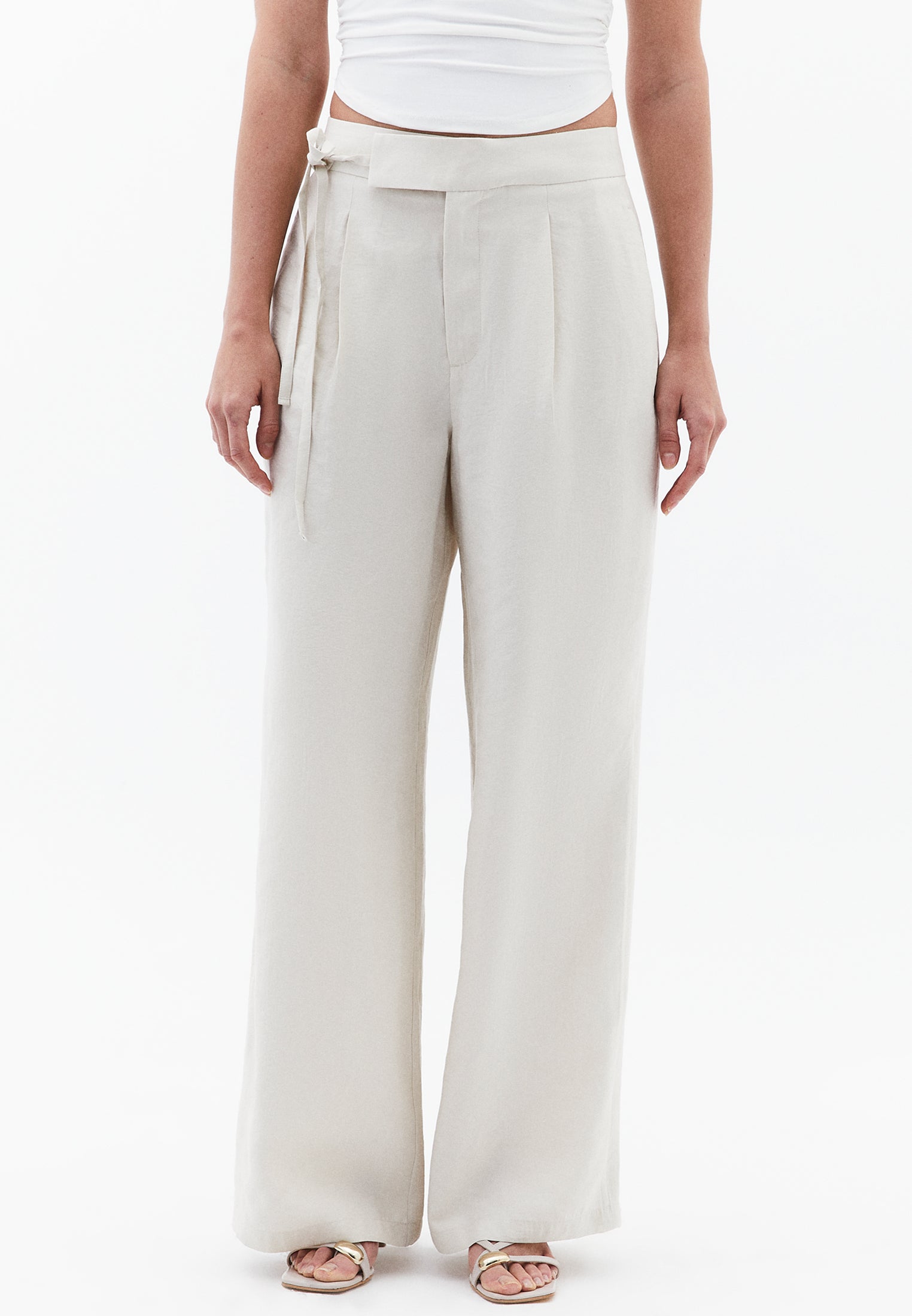 Ultra High Waist Belted Straight Leg Pants - SILVER BIRCH