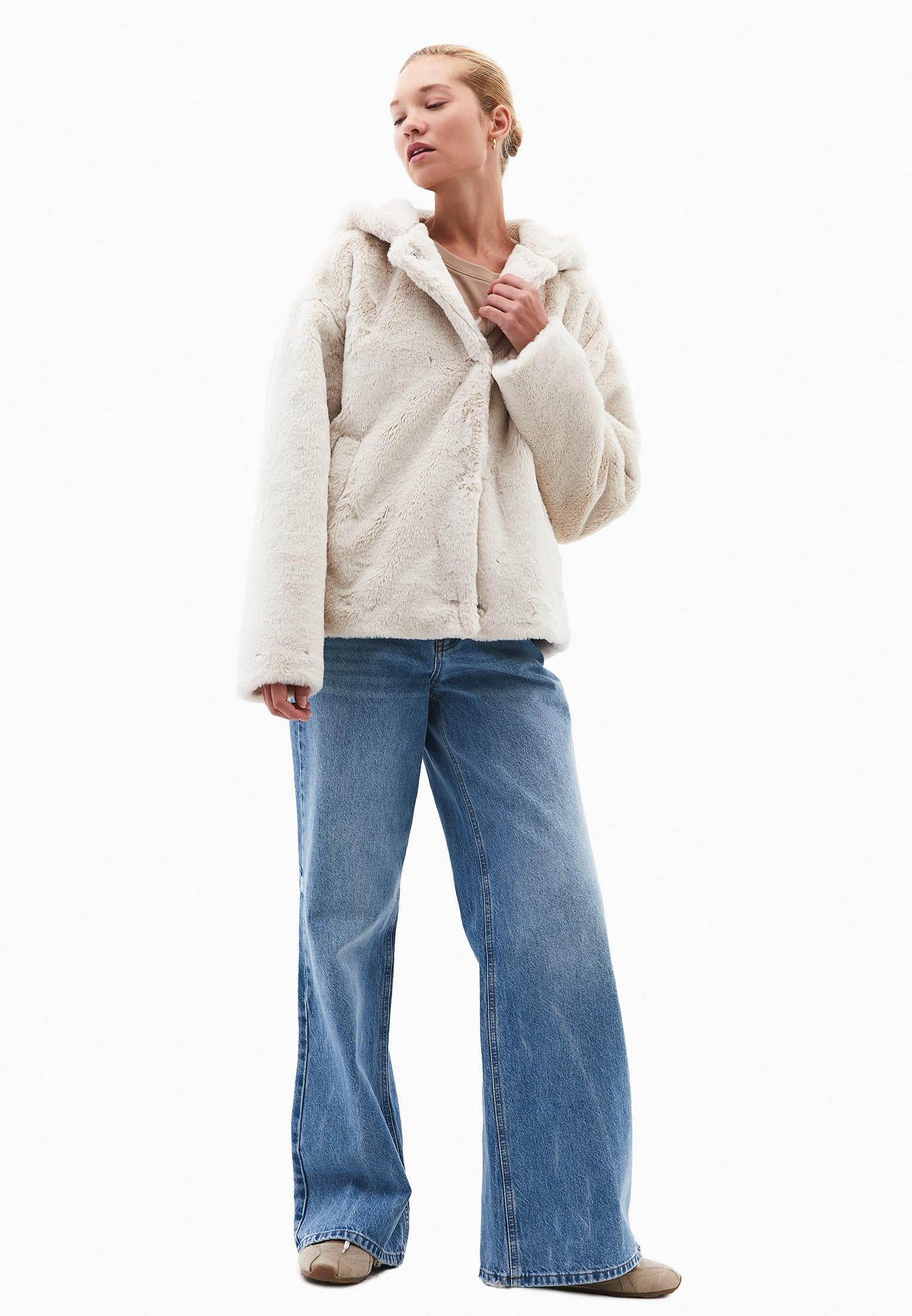 Hooded Fur Jacket - SILVER BIRCH