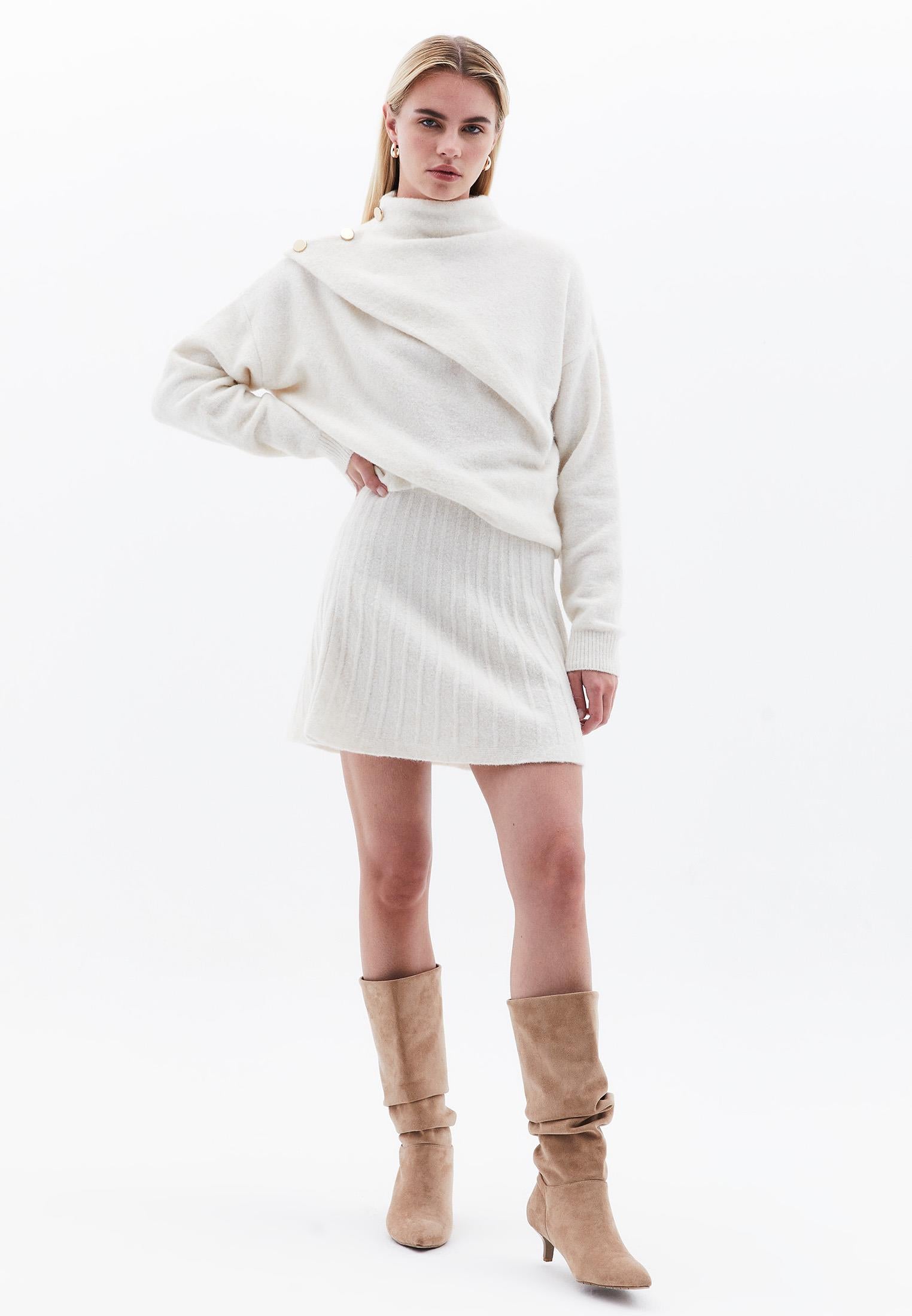 High Neck Button Detailed Sweater - SILVER BIRCH
