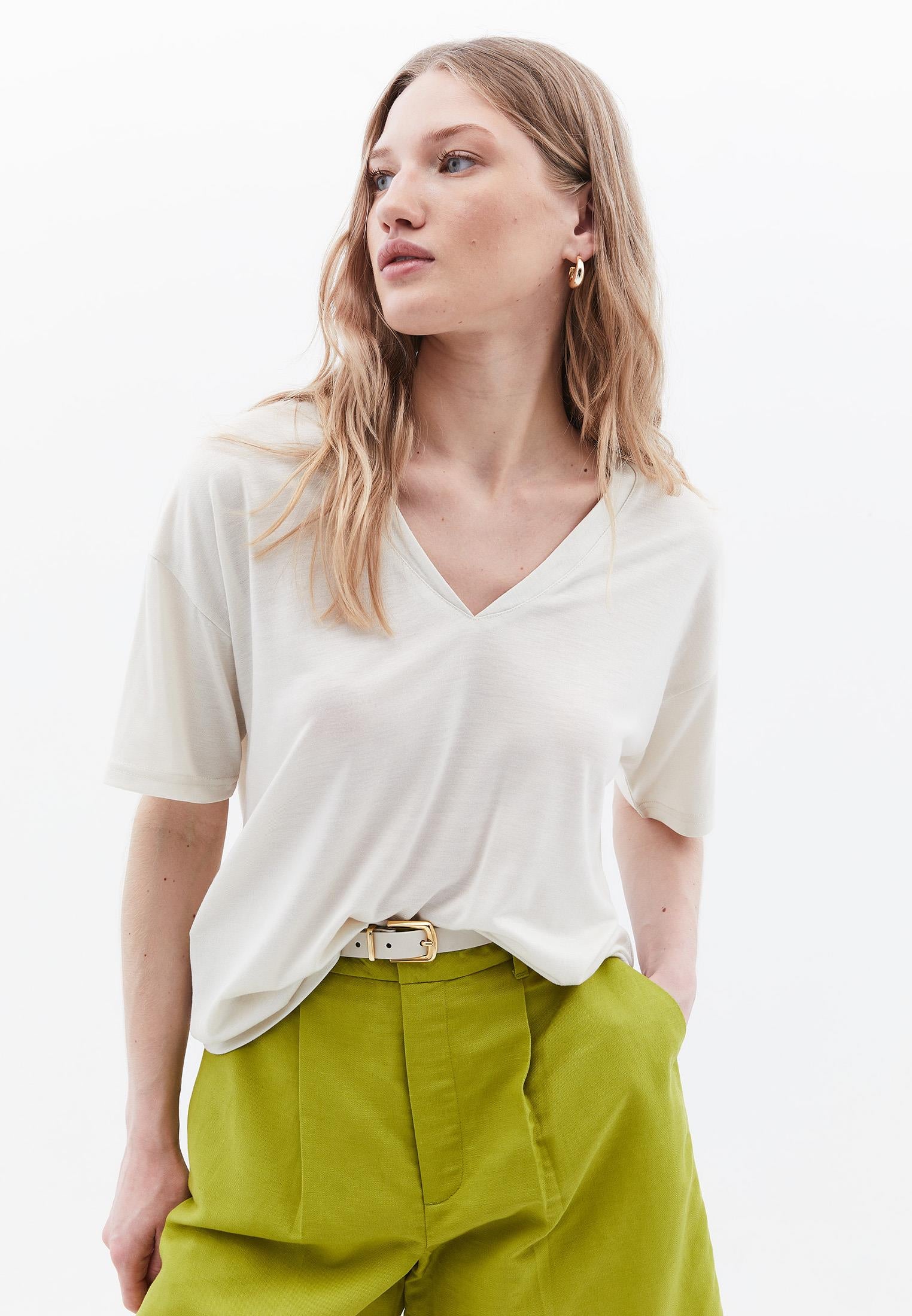 V Neck Oversize Short Sleeve T-Shirt - SILVER BIRCH
