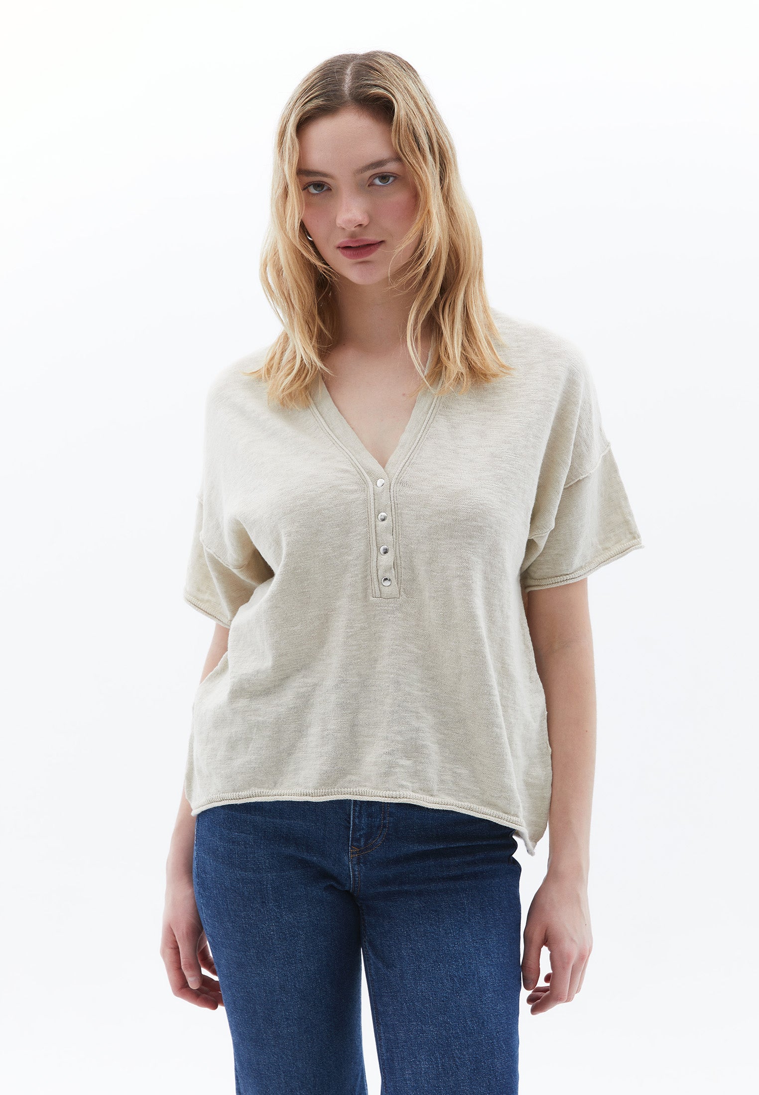V Neck Short Sleeve T-Shirt Women Topwear - SILVER BIRCH